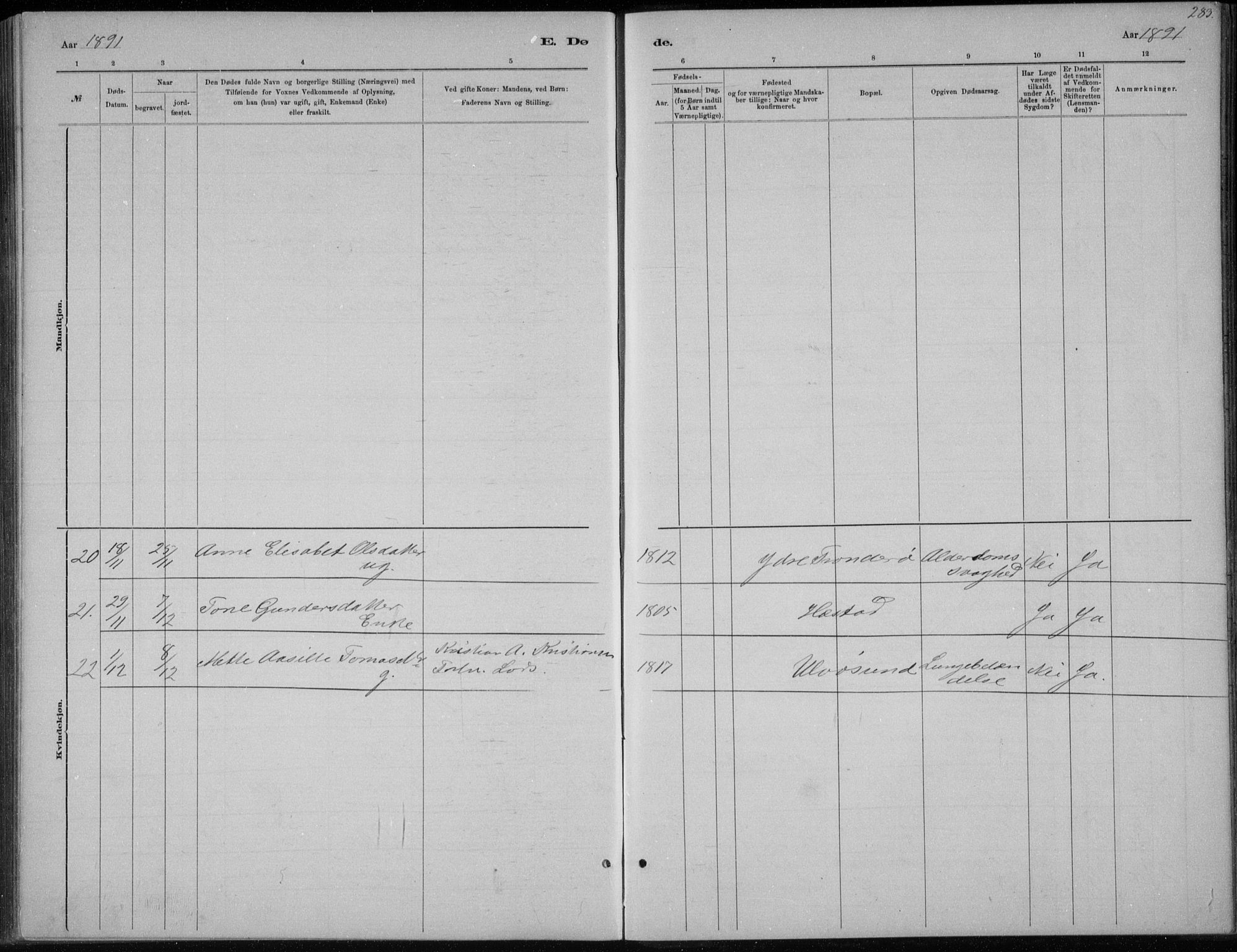 Høvåg sokneprestkontor, AV/SAK-1111-0025/F/Fb/L0004: Klokkerbok nr. B 4, 1883-1898, s. 283
