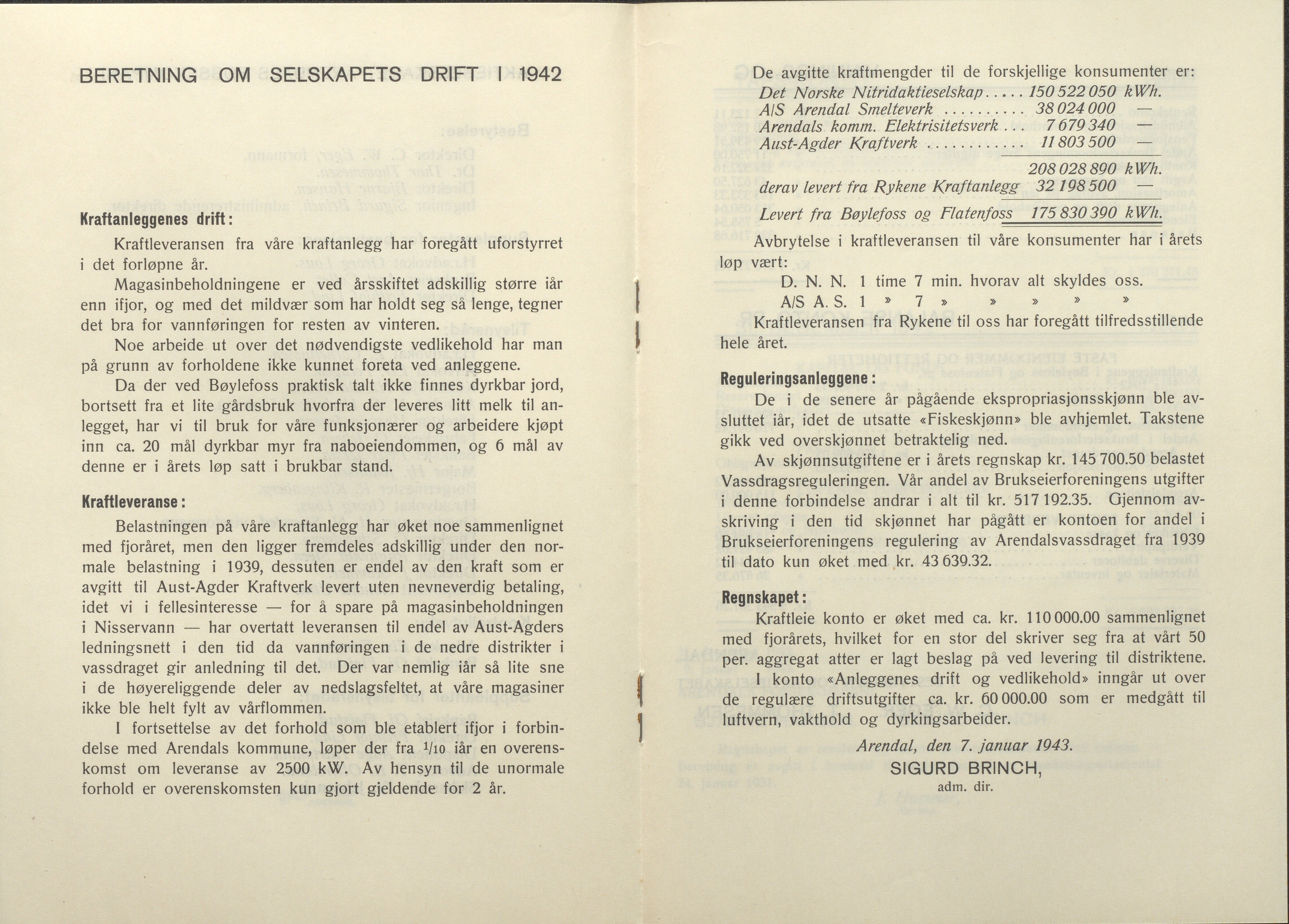 Arendals Fossekompani, AAKS/PA-2413/X/X01/L0001/0010: Beretninger, regnskap, balansekonto, gevinst- og tapskonto / Årsberetning og regnskap 1936 - 1942, 1936-1942