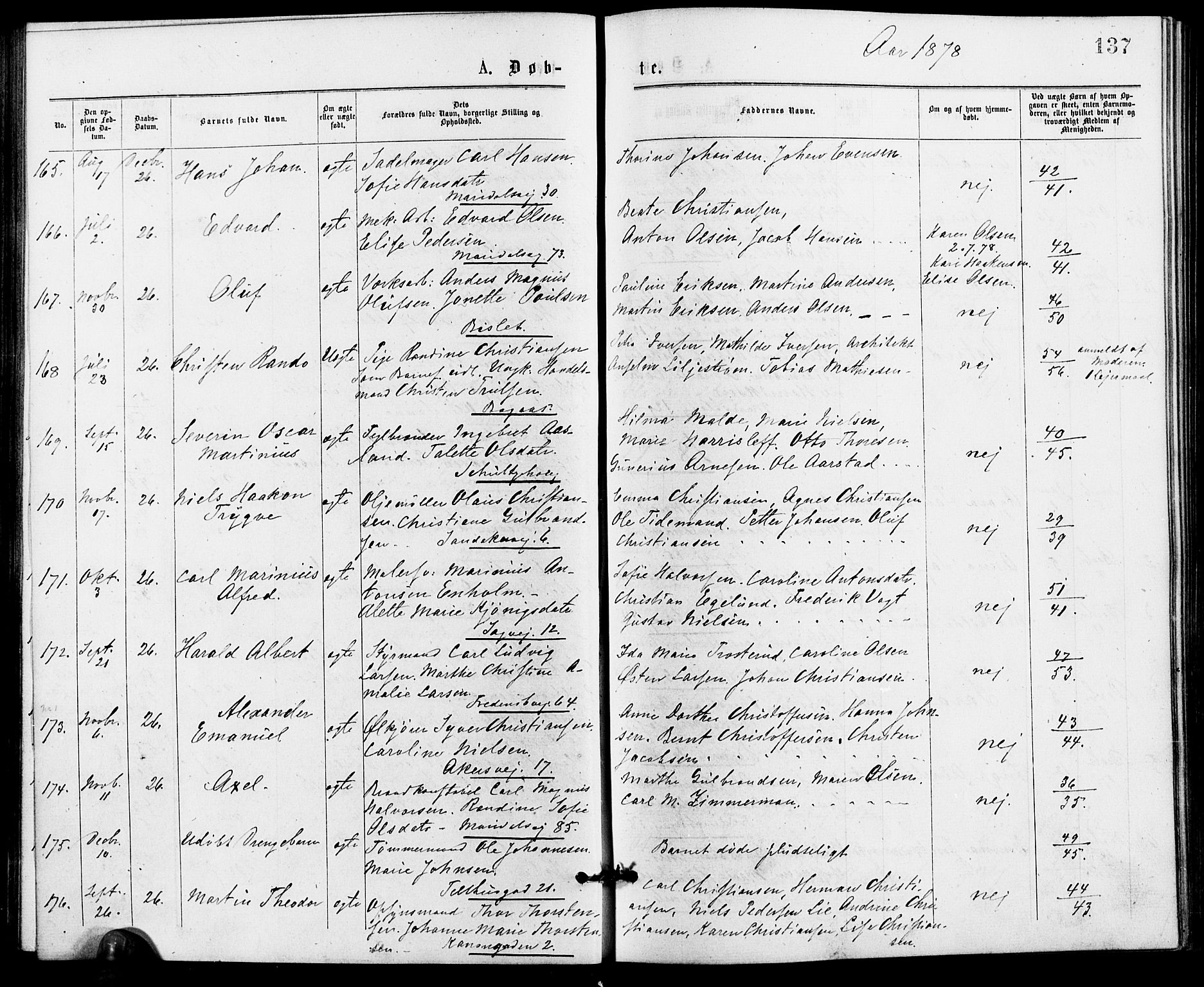 Gamle Aker prestekontor Kirkebøker, AV/SAO-A-10617a/G/L0004: Klokkerbok nr. 4, 1875-1879, s. 137