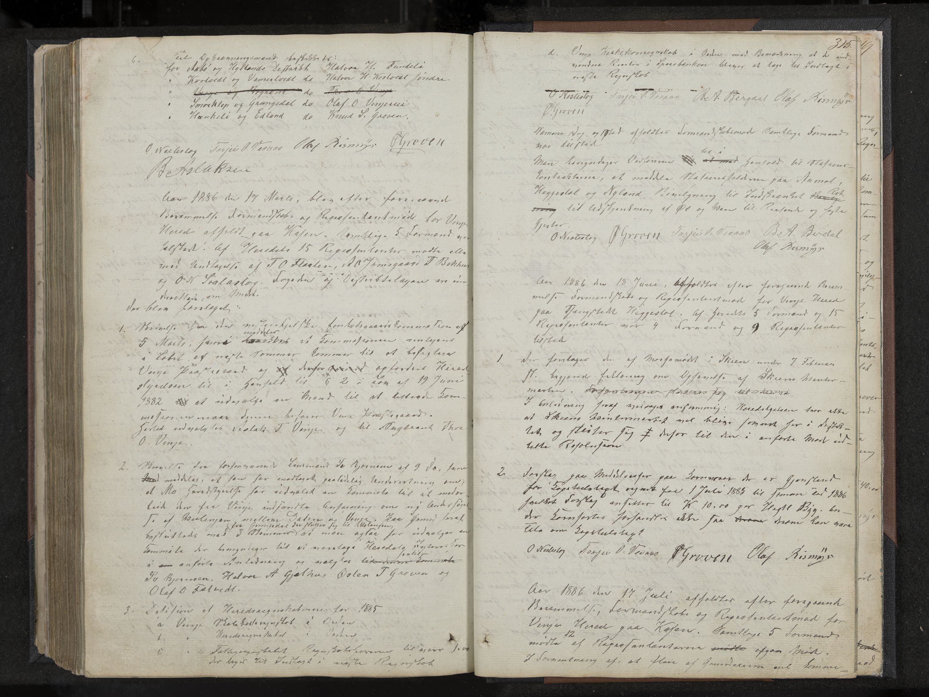 Vinje formannskap og sentraladministrasjon, IKAK/0834021-1/A/L0001: Møtebok, 1838-1889, s. 315