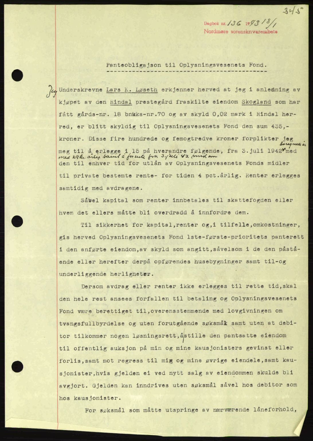 Nordmøre sorenskriveri, SAT/A-4132/1/2/2Ca: Pantebok nr. B90, 1942-1943, Dagboknr: 136/1943