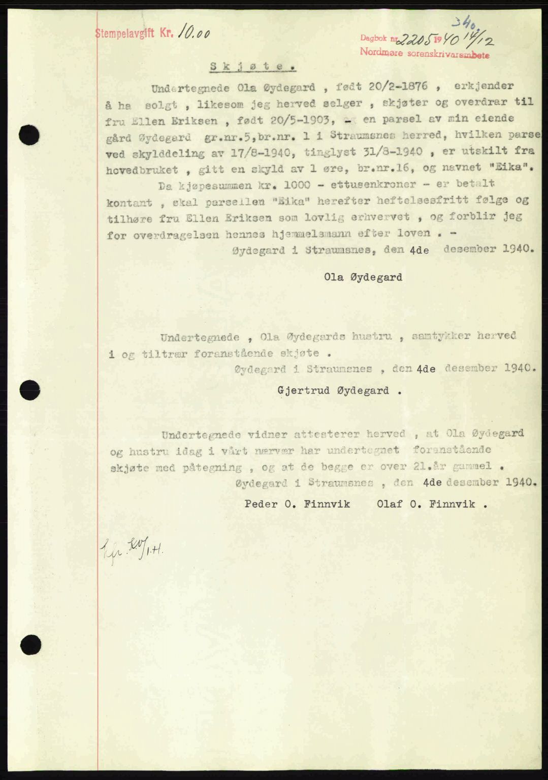 Nordmøre sorenskriveri, SAT/A-4132/1/2/2Ca: Pantebok nr. A89, 1940-1941, Dagboknr: 2205/1940