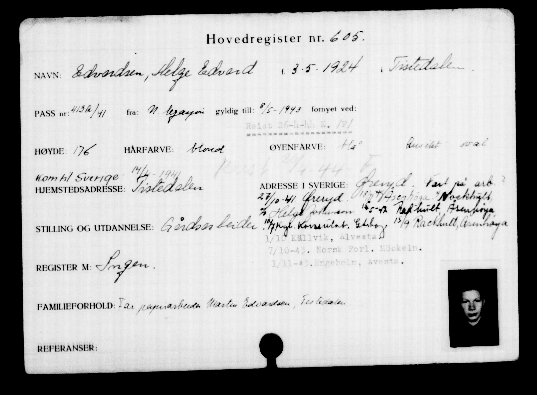 Utenriksstasjonene, Legasjonen i Stockholm, Flyktningkontoret, AV/RA-S-6753/V/Va/L0001: Kjesäterkartoteket, flyktninger med registreringsnr. 1-1000, 1940-1945, s. 947