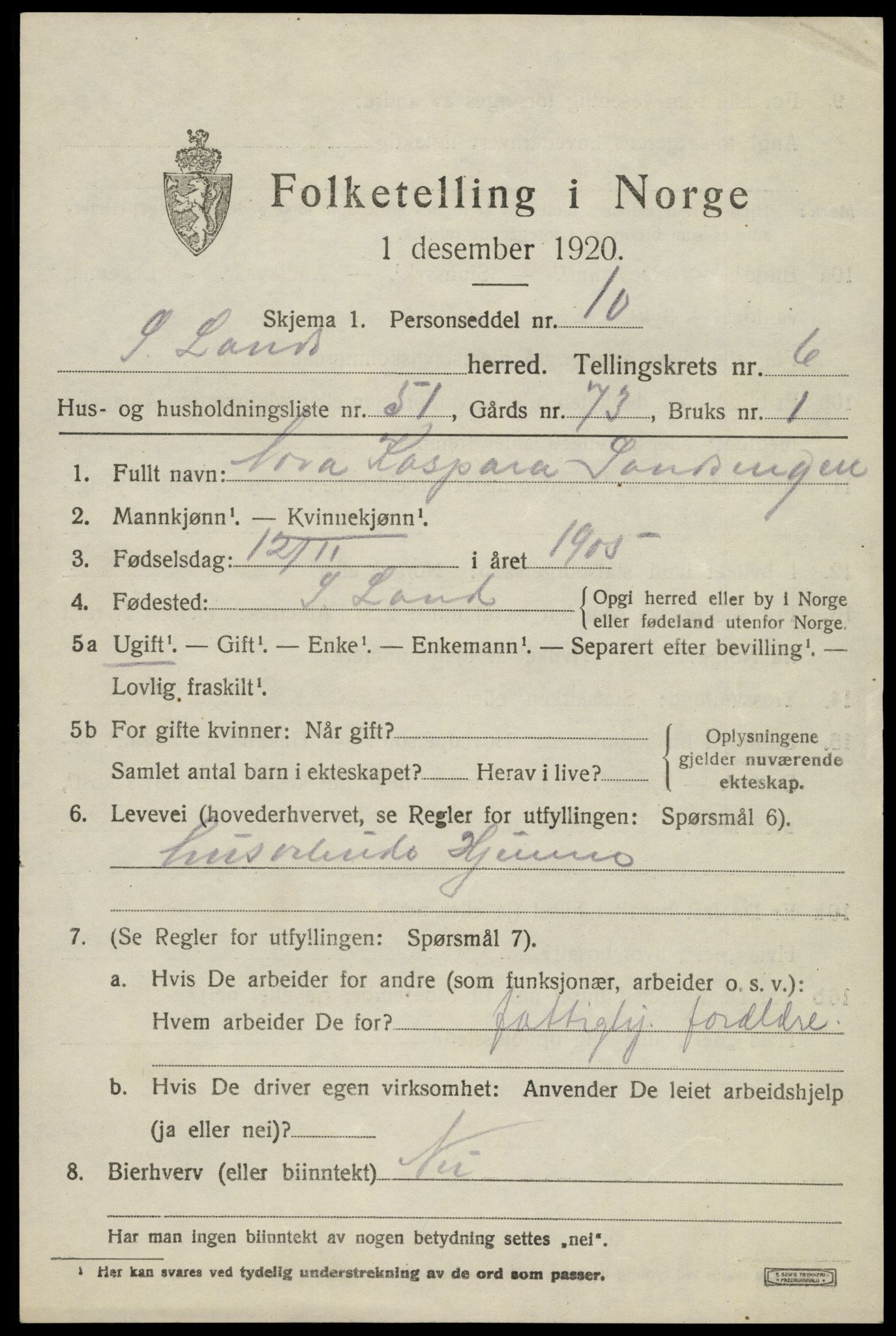 SAH, Folketelling 1920 for 0536 Søndre Land herred, 1920, s. 6889