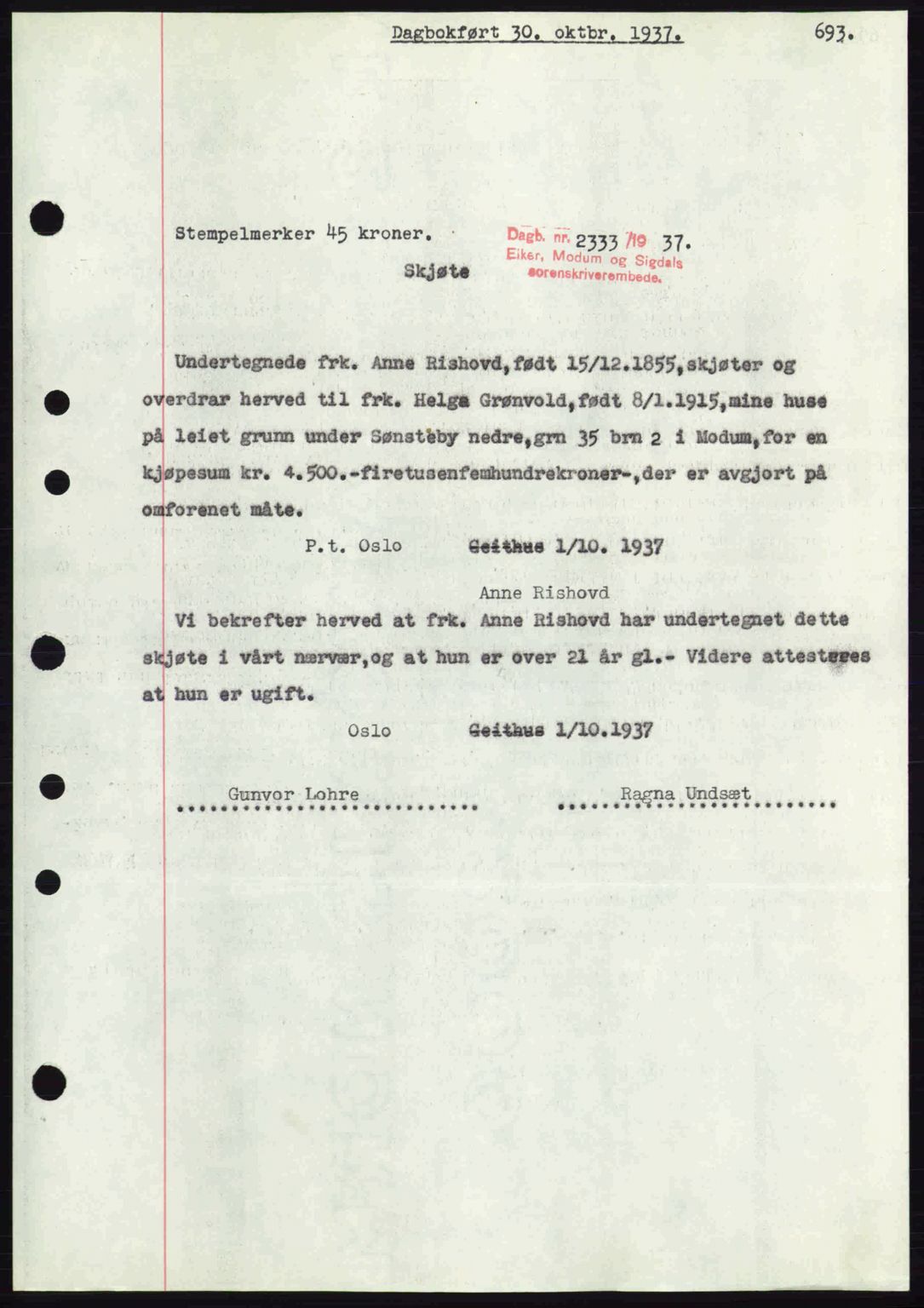 Eiker, Modum og Sigdal sorenskriveri, SAKO/A-123/G/Ga/Gab/L0036: Pantebok nr. A6, 1937-1937, Dagboknr: 2333/1937