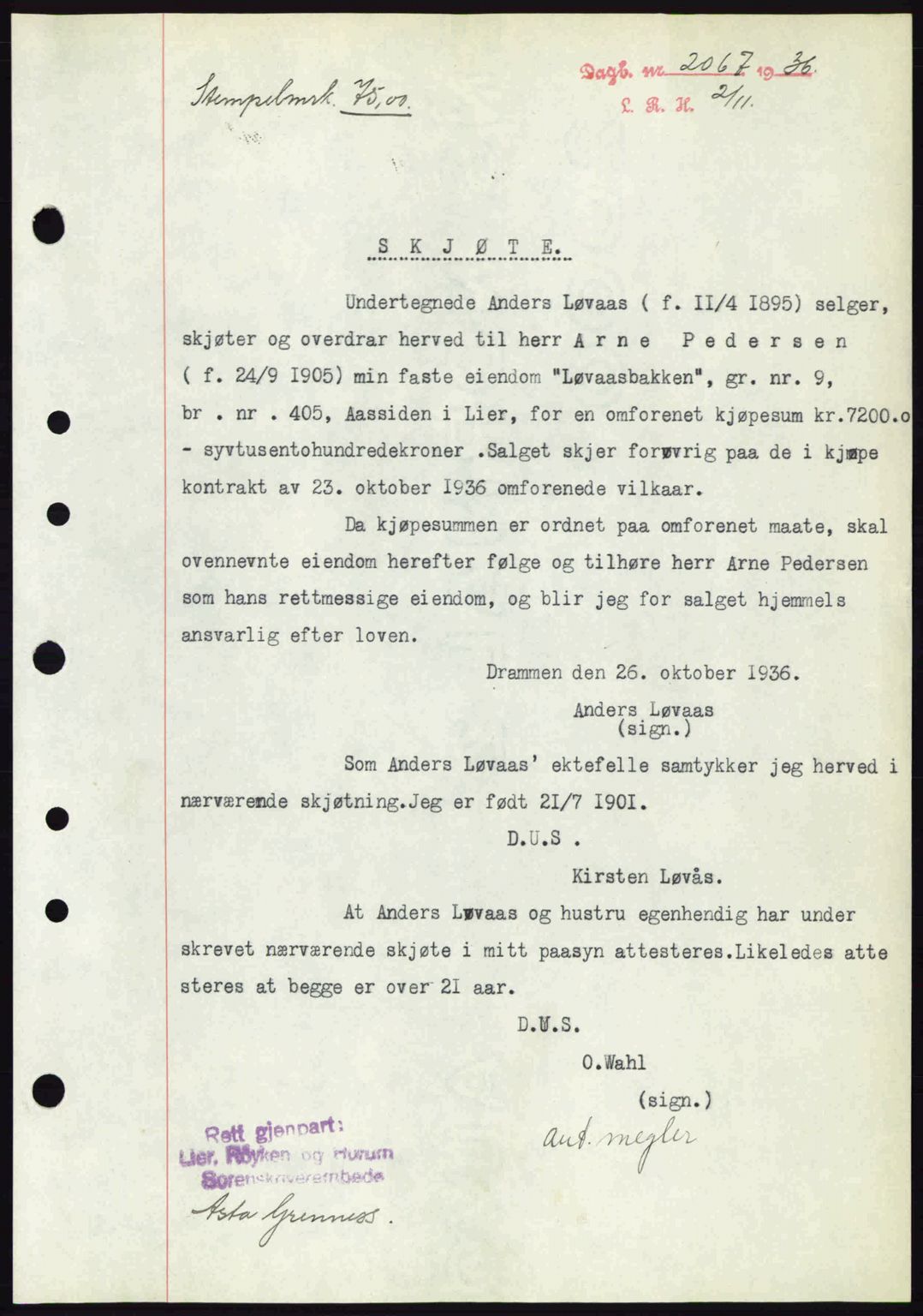 Lier, Røyken og Hurum sorenskriveri, SAKO/A-89/G/Ga/Gab/L0055: Pantebok nr. 55, 1936-1937, Dagboknr: 2067/1936
