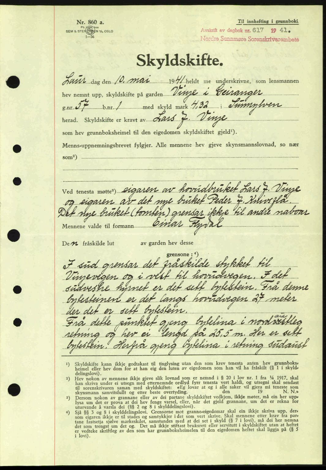 Nordre Sunnmøre sorenskriveri, AV/SAT-A-0006/1/2/2C/2Ca: Pantebok nr. A10, 1940-1941, Dagboknr: 617/1941