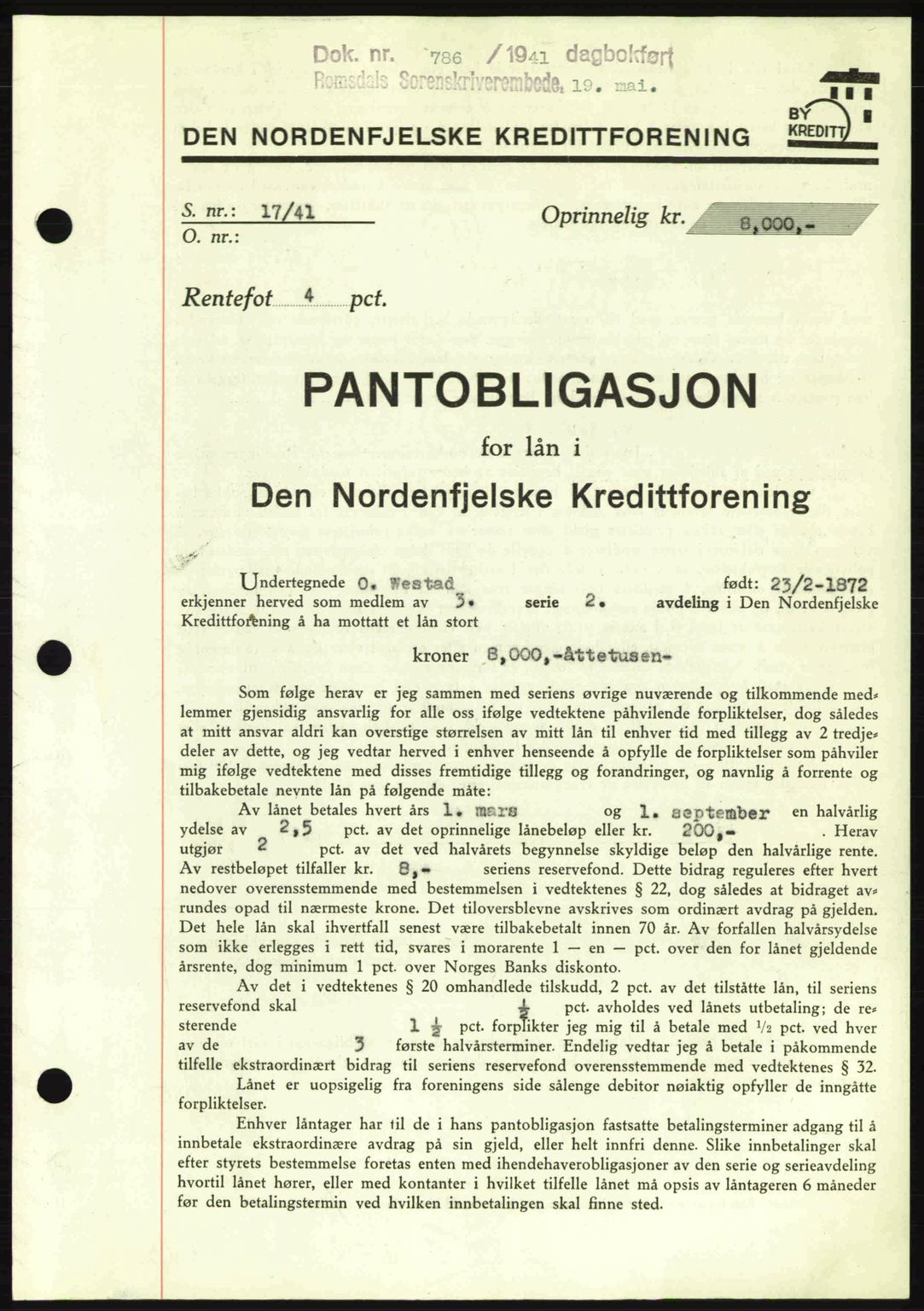 Romsdal sorenskriveri, SAT/A-4149/1/2/2C: Pantebok nr. B2, 1939-1945, Dagboknr: 786/1941
