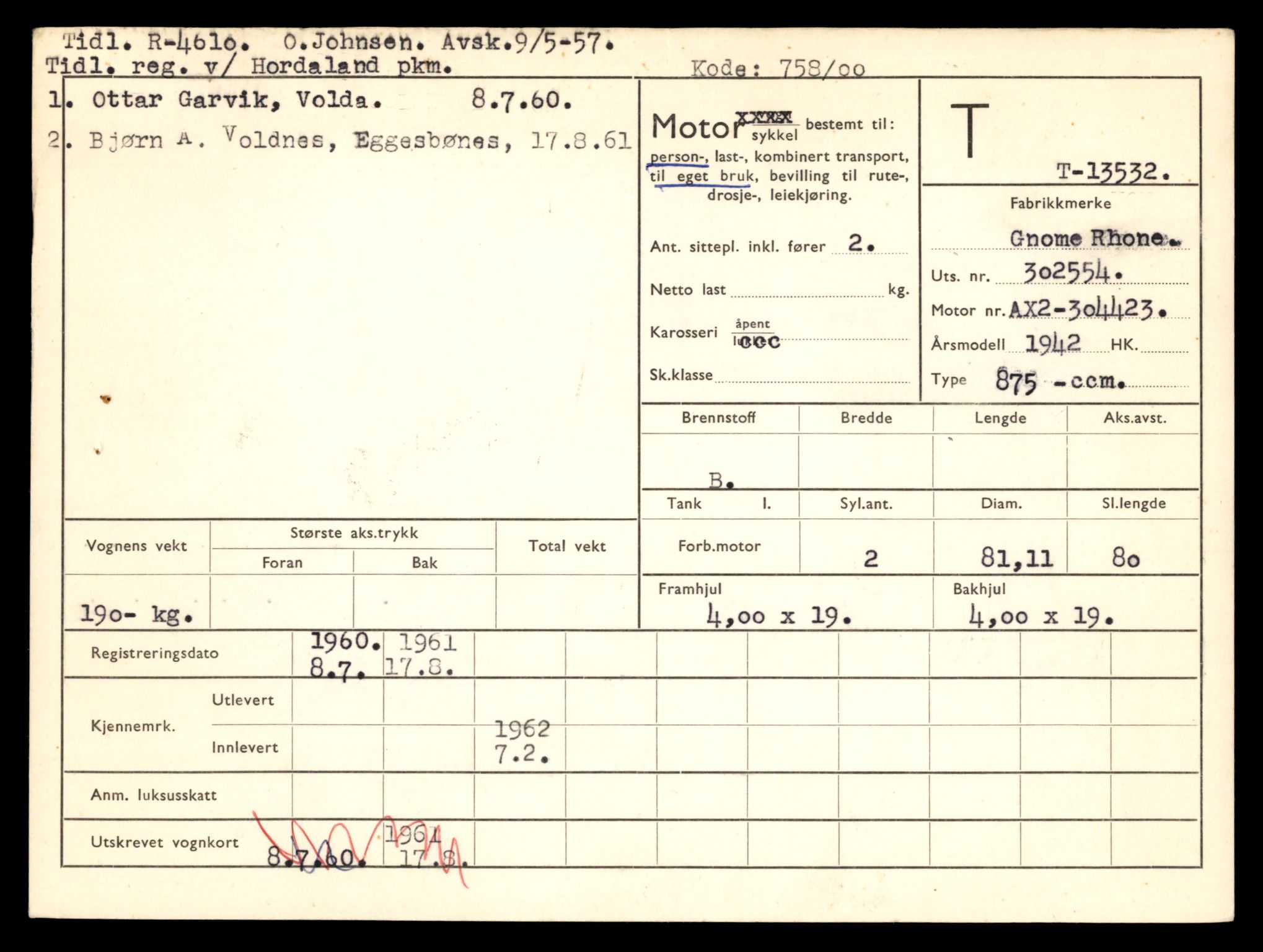 Møre og Romsdal vegkontor - Ålesund trafikkstasjon, AV/SAT-A-4099/F/Fe/L0040: Registreringskort for kjøretøy T 13531 - T 13709, 1927-1998, s. 25