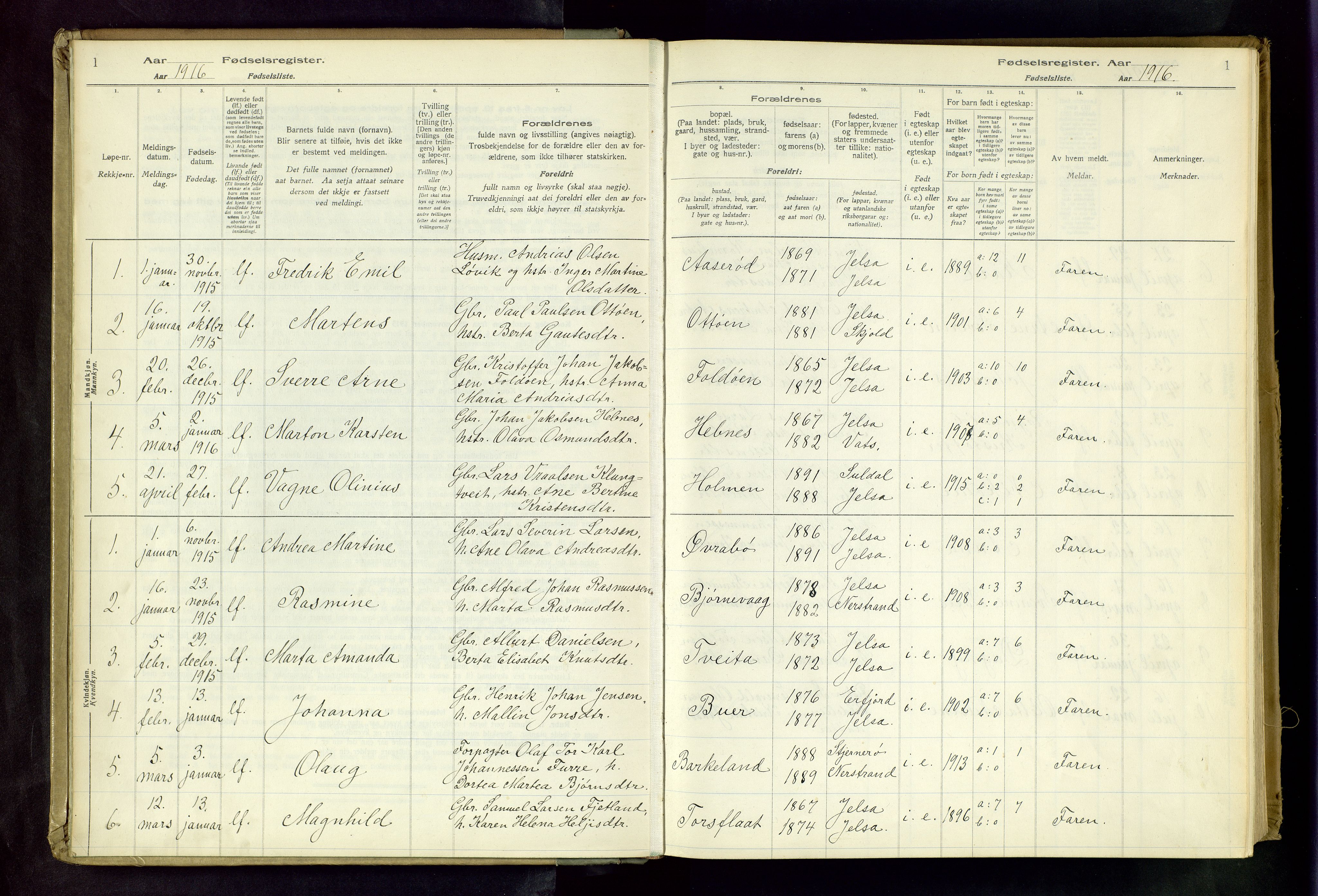 Jelsa sokneprestkontor, AV/SAST-A-101842/02/I: Fødselsregister nr. 13, 1916-1982, s. 1