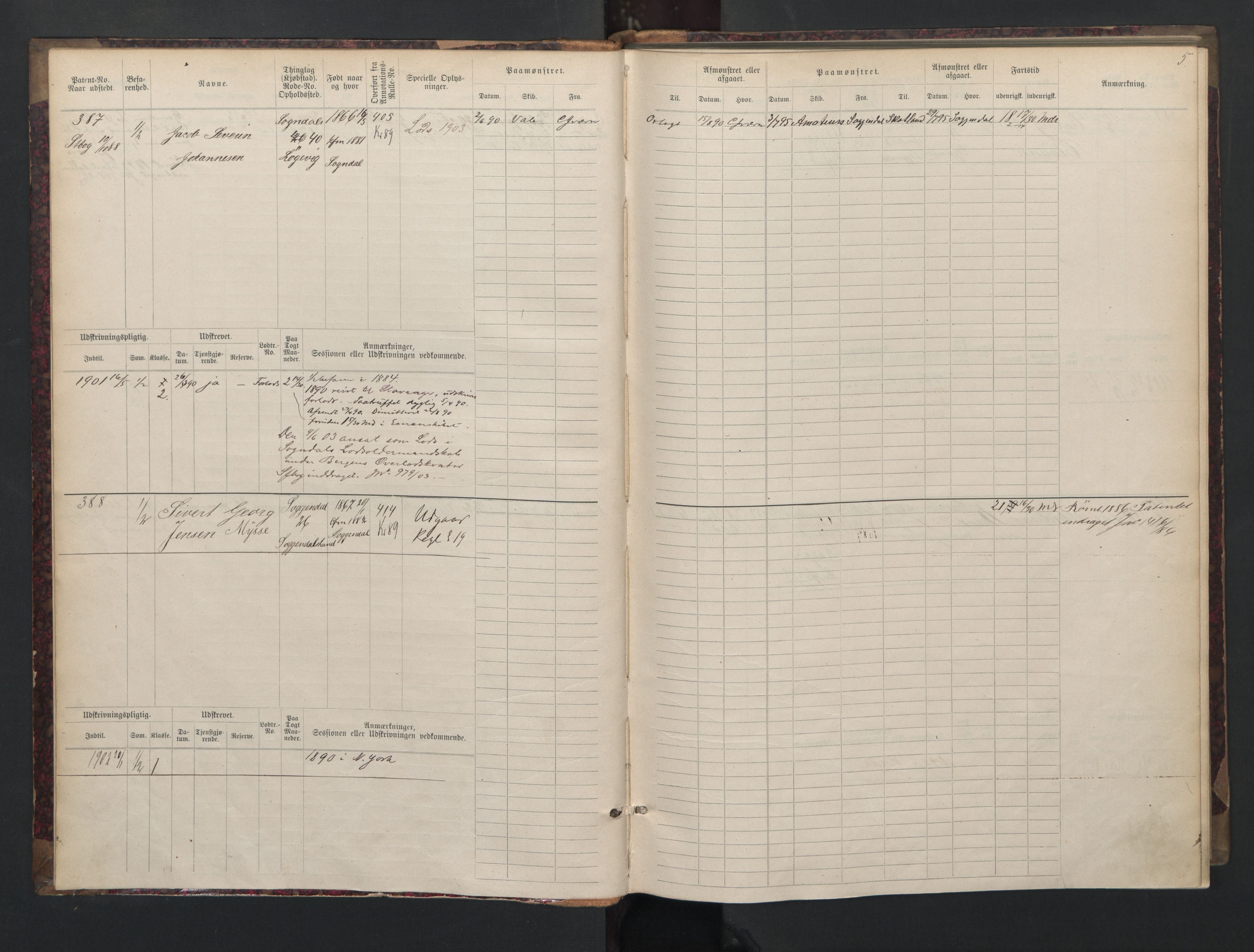 Sogndal mønstringskrets, AV/SAK-2031-0020/F/Fb/L0002: Hovedrulle nr. 383-511, P-3, 1889-1948, s. 6