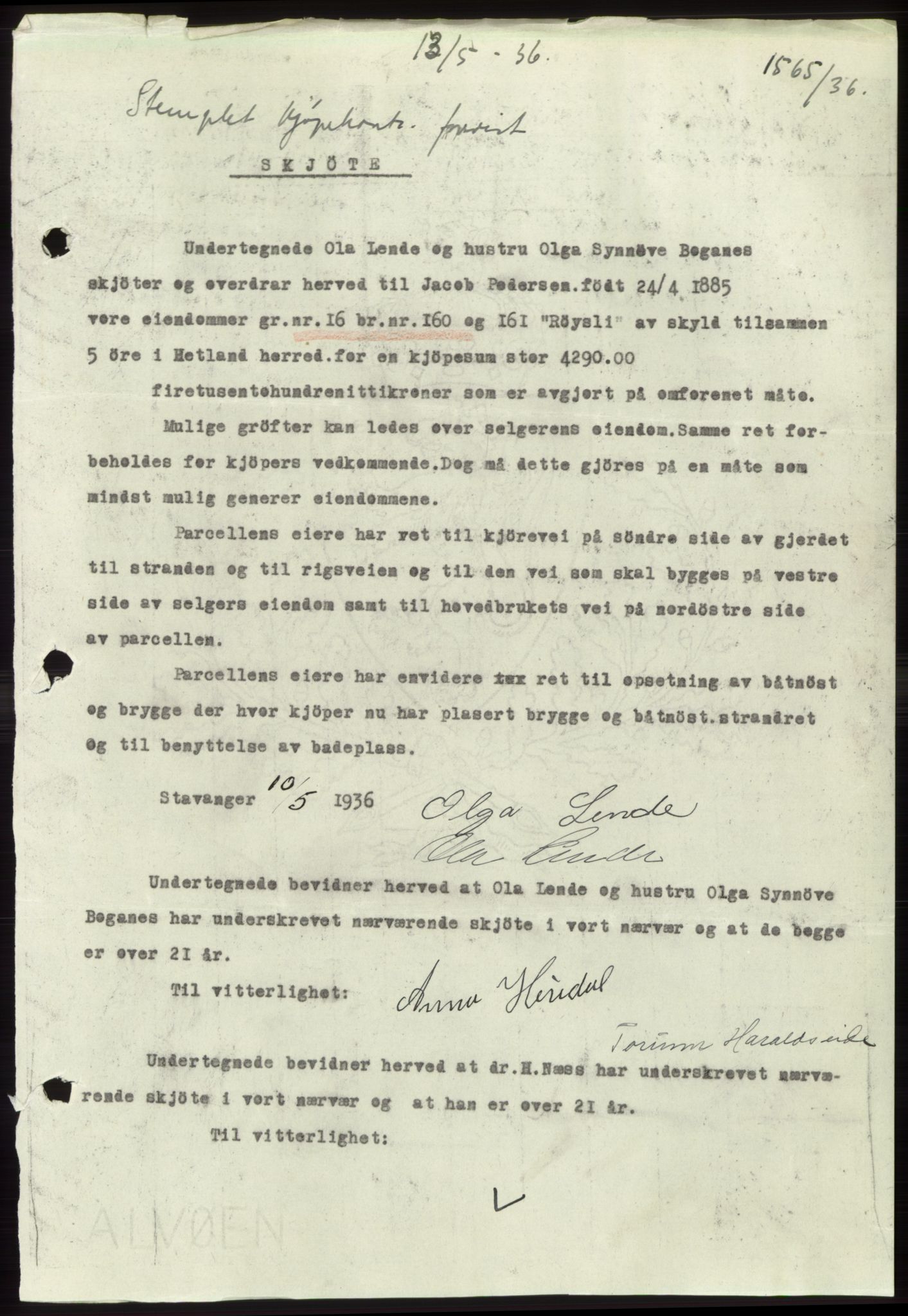 Jæren sorenskriveri, SAST/A-100310/03/G/Gba/L0065: Pantebok nr. 71, 1936-1936, Dagboknr: 1565/1936