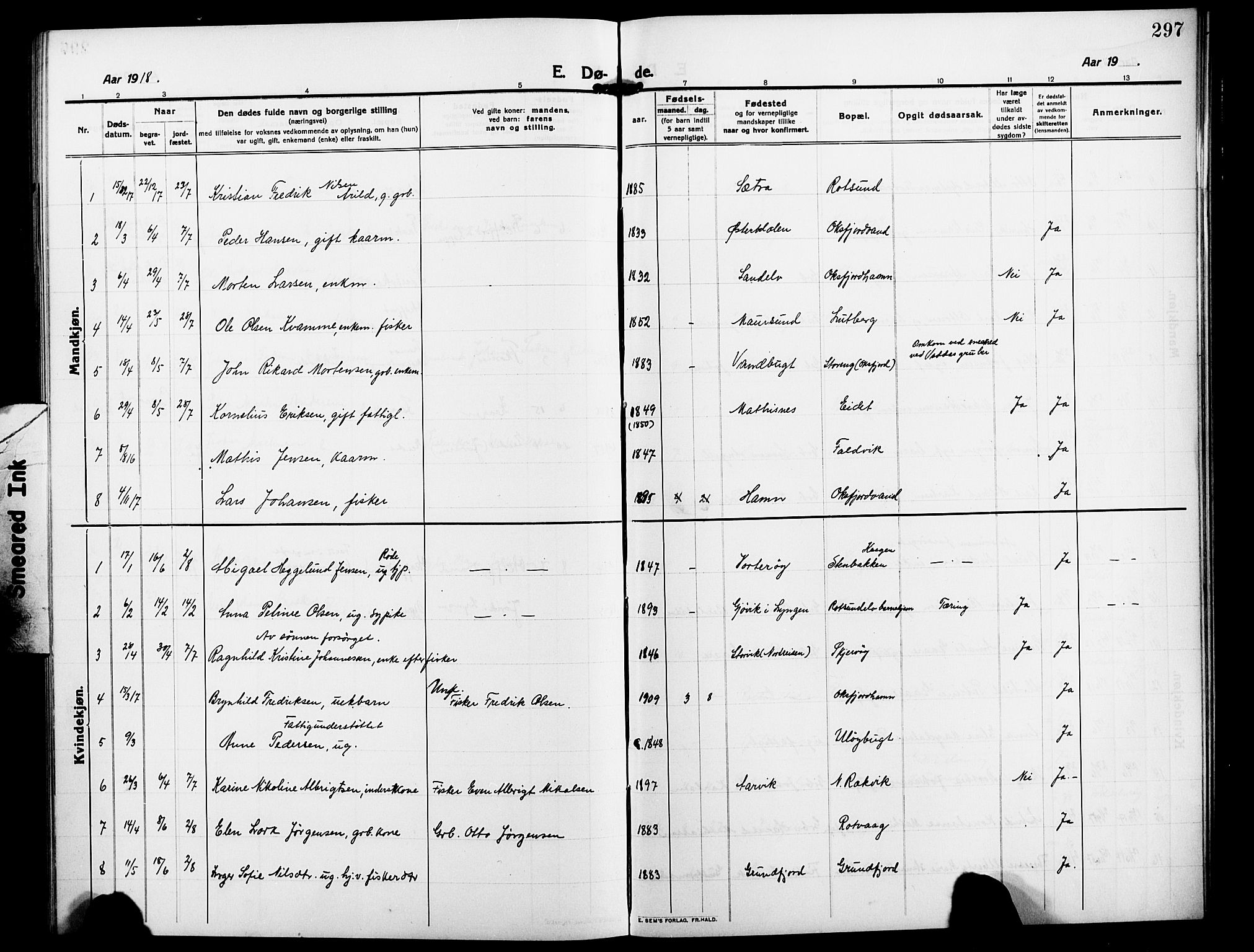 Skjervøy sokneprestkontor, SATØ/S-1300/H/Ha/Hab/L0009klokker: Klokkerbok nr. 9, 1911-1926, s. 297