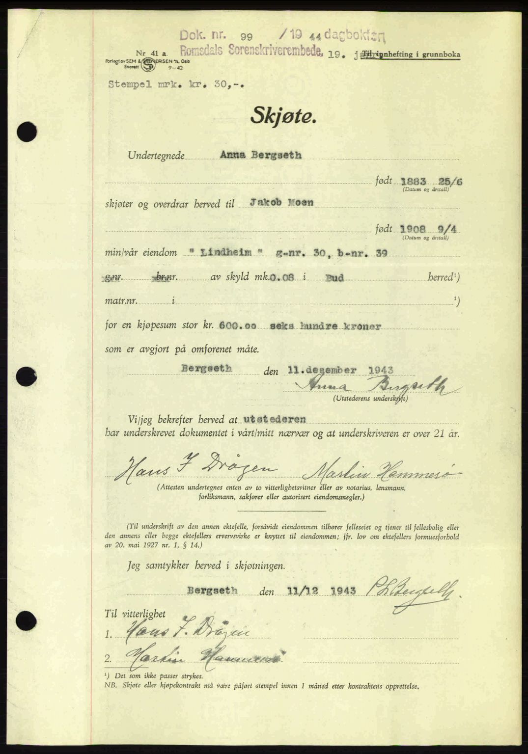 Romsdal sorenskriveri, AV/SAT-A-4149/1/2/2C: Pantebok nr. A15, 1943-1944, Dagboknr: 99/1944