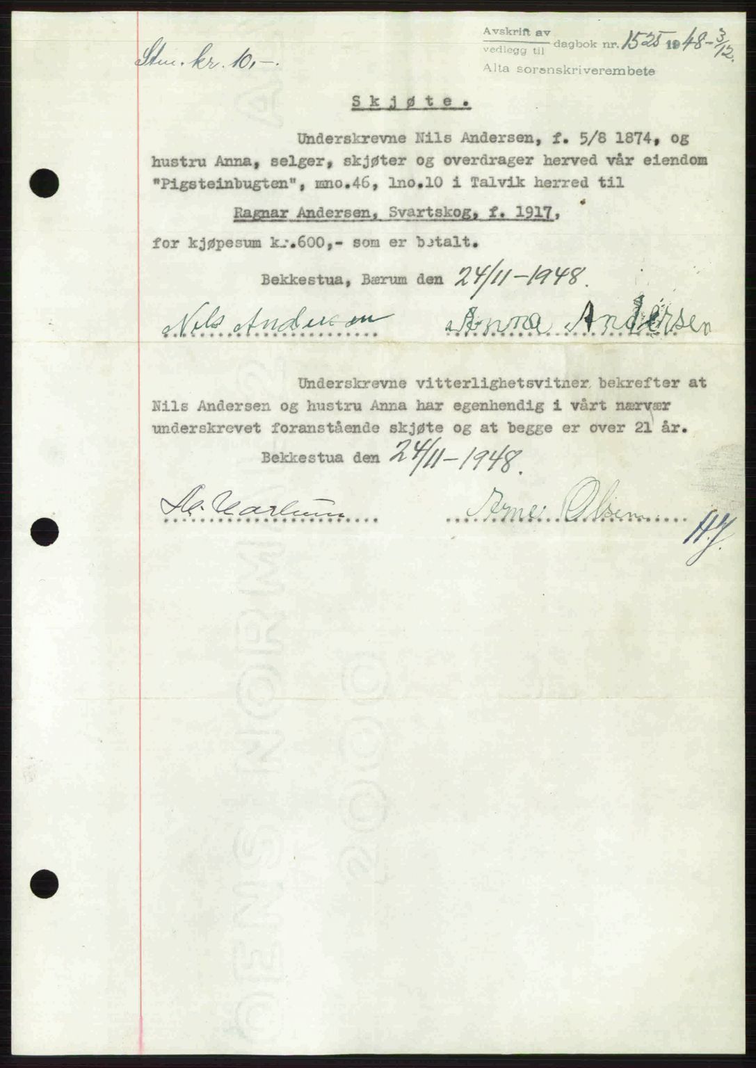 Alta fogderi/sorenskriveri, SATØ/SATØ-5/1/K/Kd/L0037pantebok: Pantebok nr. 39-40, 1948-1949, Dagboknr: 1525/1948