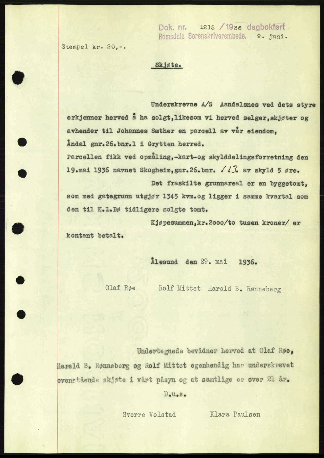 Romsdal sorenskriveri, SAT/A-4149/1/2/2C: Pantebok nr. A1, 1936-1936, Dagboknr: 1215/1936