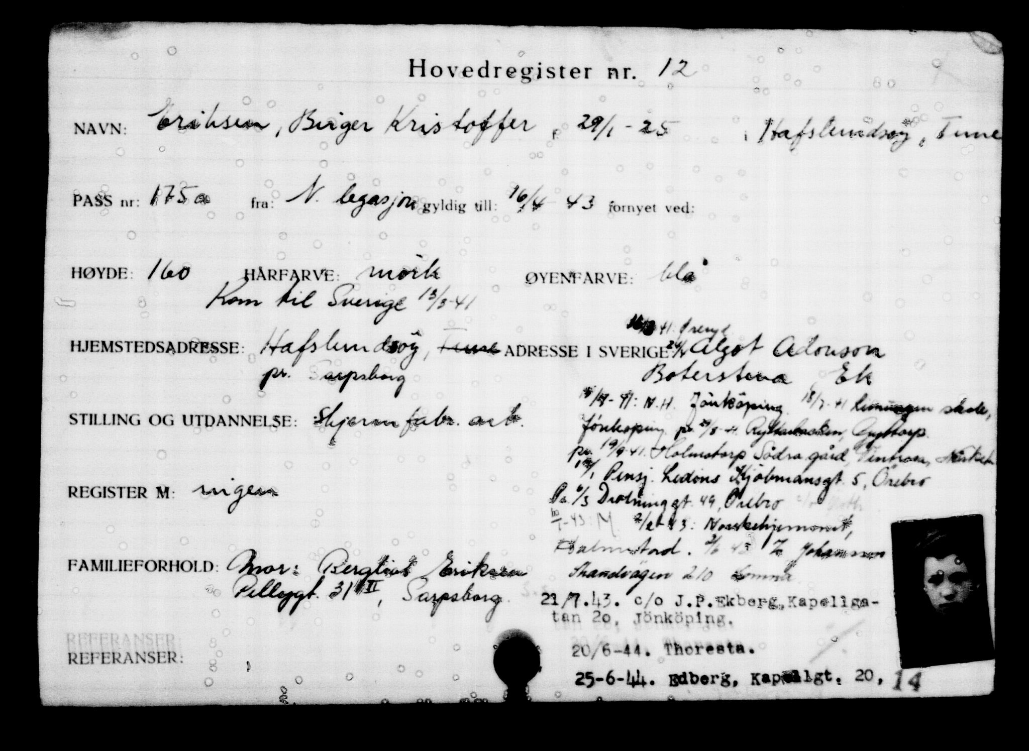 Utenriksstasjonene, Legasjonen i Stockholm, Flyktningkontoret, AV/RA-S-6753/V/Va/L0001: Kjesäterkartoteket, flyktninger med registreringsnr. 1-1000, 1940-1945, s. 16