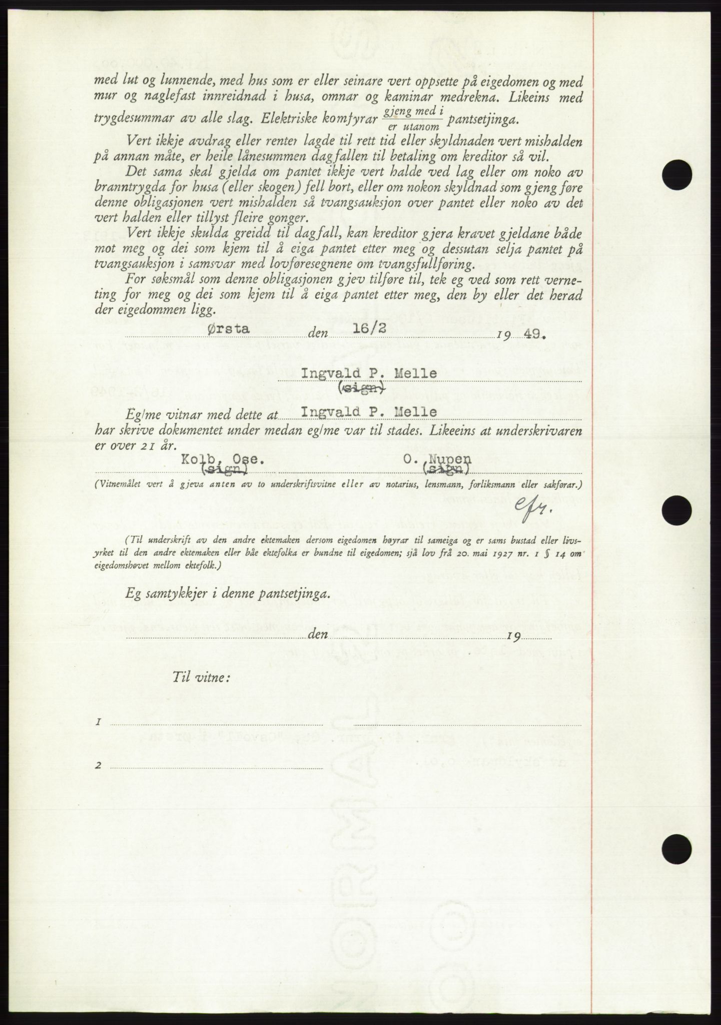 Søre Sunnmøre sorenskriveri, AV/SAT-A-4122/1/2/2C/L0116: Pantebok nr. 4B, 1948-1949, Dagboknr: 276/1949