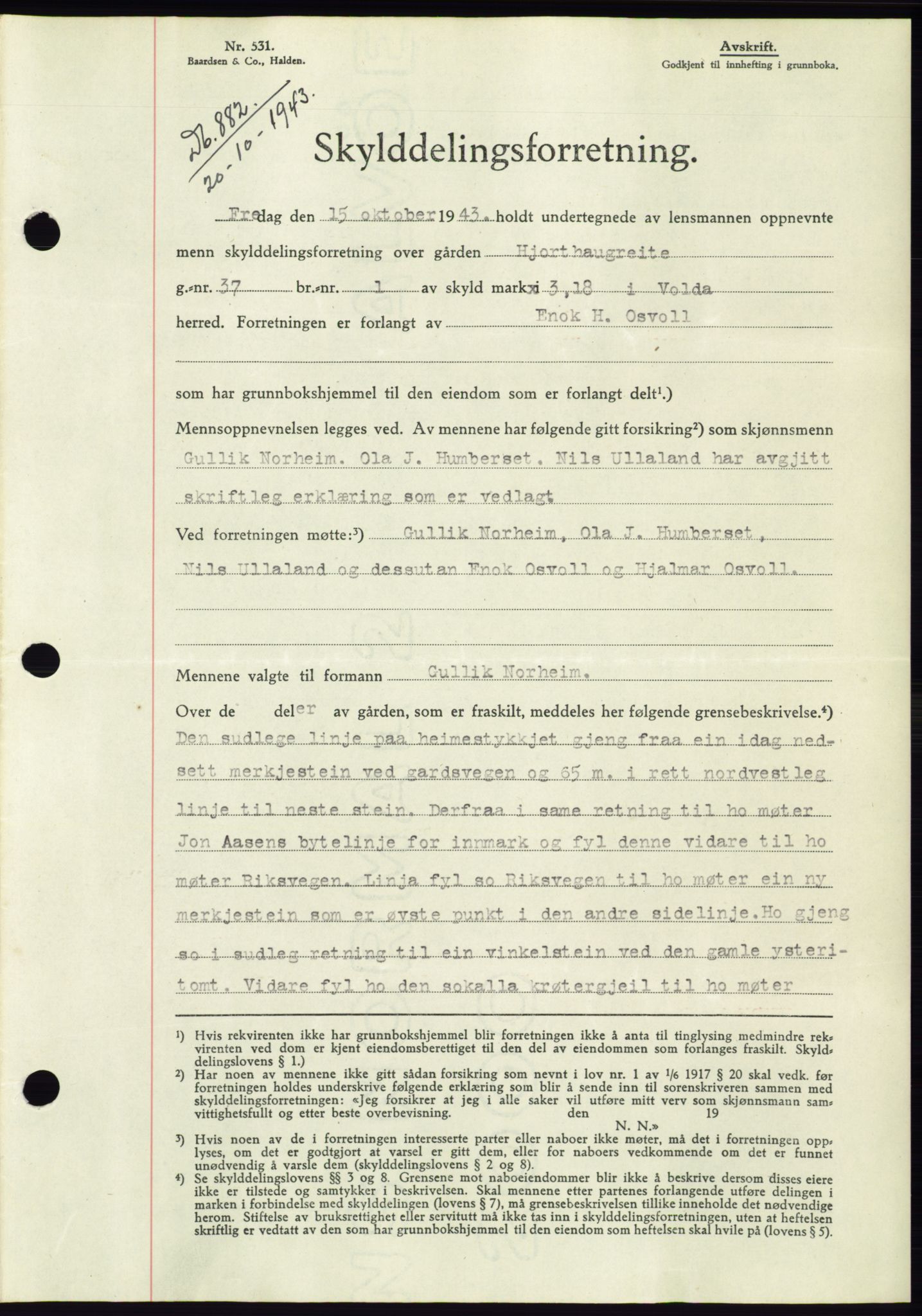 Søre Sunnmøre sorenskriveri, AV/SAT-A-4122/1/2/2C/L0075: Pantebok nr. 1A, 1943-1943, Dagboknr: 882/1943