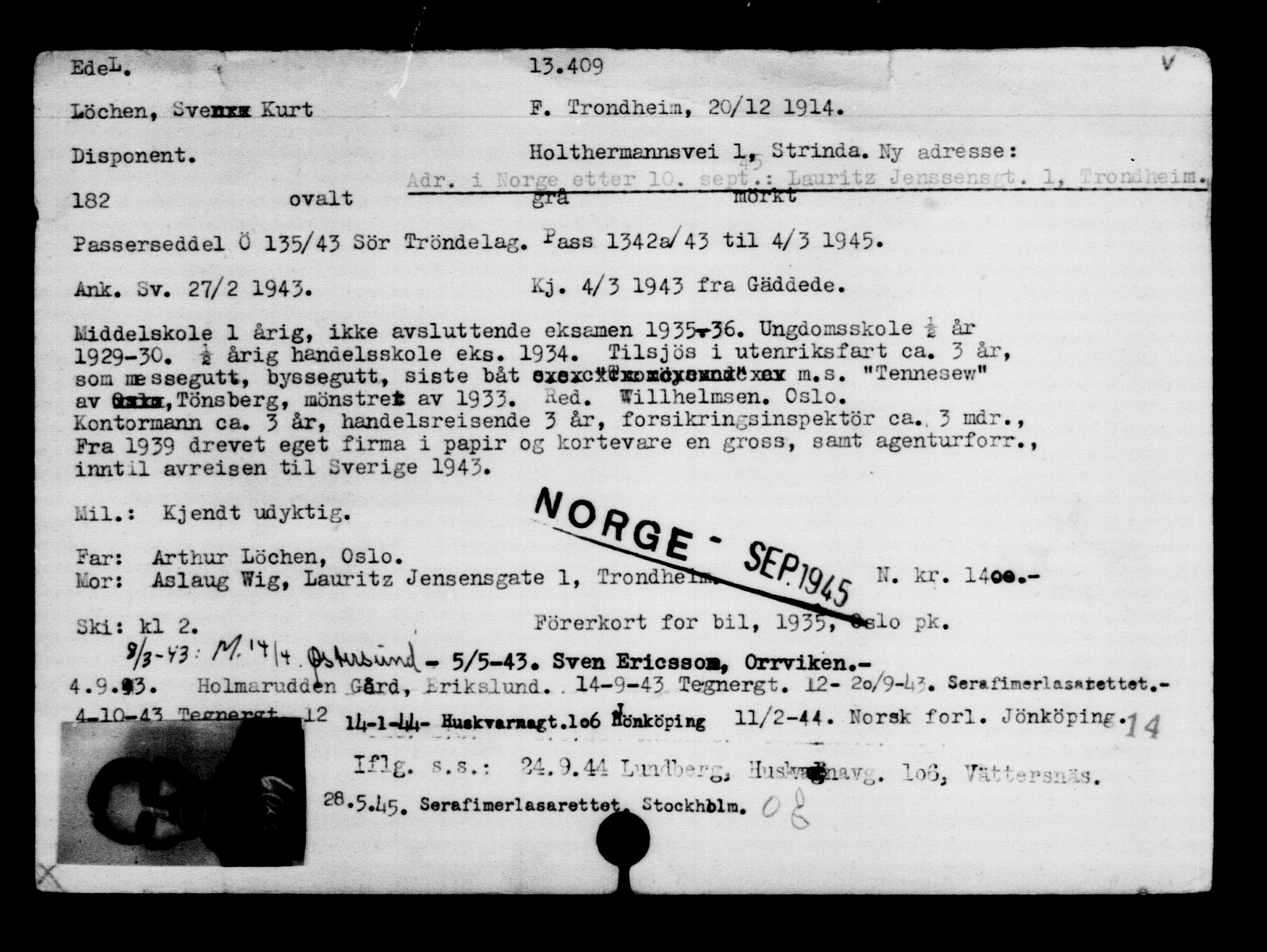 Den Kgl. Norske Legasjons Flyktningskontor, AV/RA-S-6753/V/Va/L0007: Kjesäterkartoteket.  Flyktningenr. 12700-15723, 1940-1945, s. 811