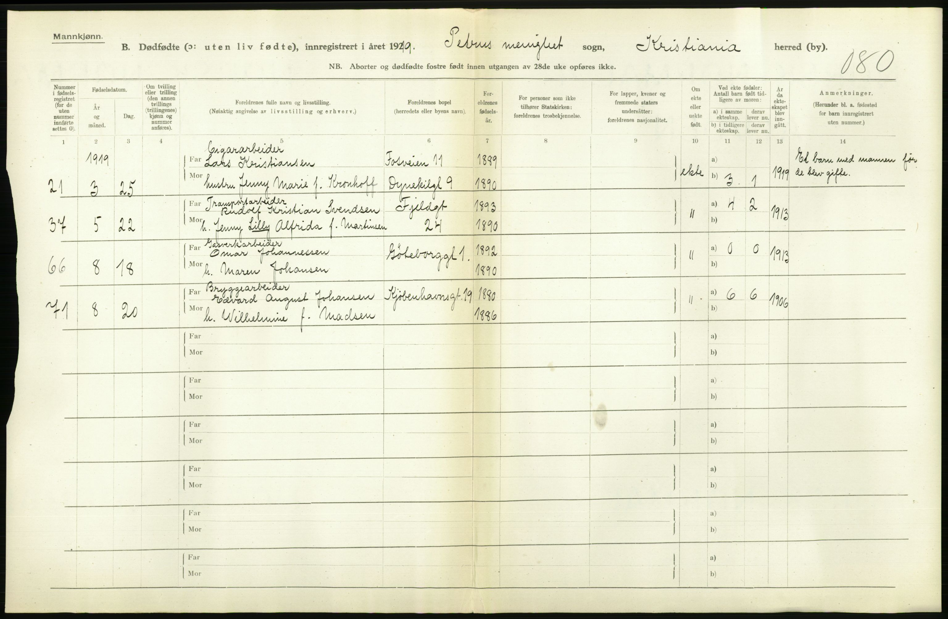 Statistisk sentralbyrå, Sosiodemografiske emner, Befolkning, AV/RA-S-2228/D/Df/Dfb/Dfbi/L0011: Kristiania: Døde, dødfødte, 1919