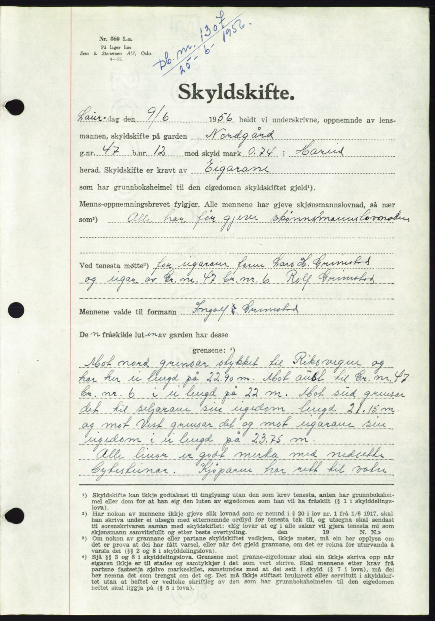 Søre Sunnmøre sorenskriveri, AV/SAT-A-4122/1/2/2C/L0104: Pantebok nr. 30A, 1956-1956, Dagboknr: 1307/1956