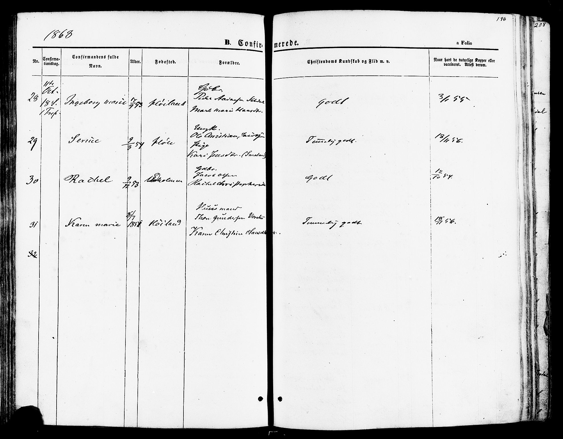 Høgsfjord sokneprestkontor, AV/SAST-A-101624/H/Ha/Haa/L0002: Ministerialbok nr. A 2, 1855-1885, s. 186