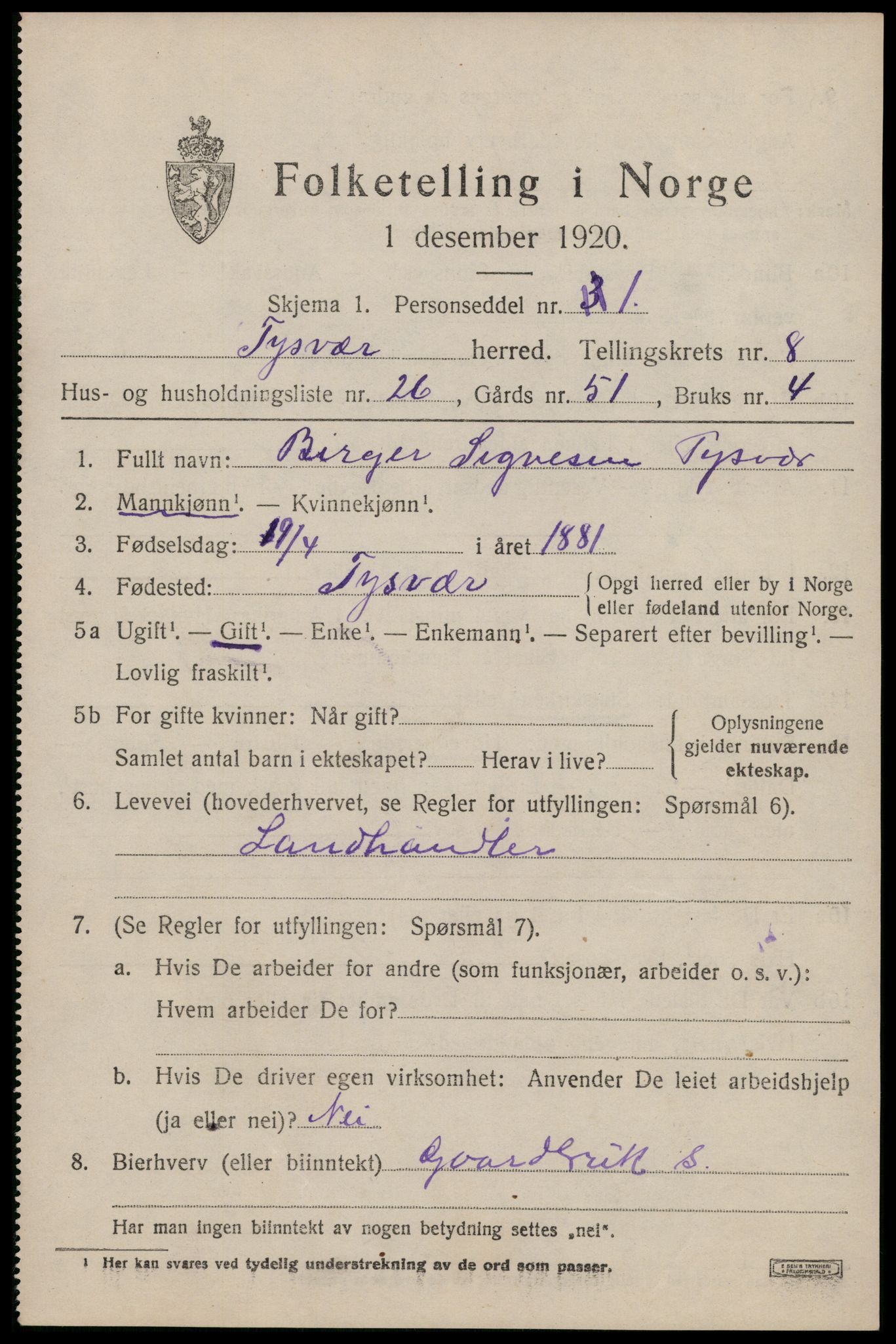 SAST, Folketelling 1920 for 1146 Tysvær herred, 1920, s. 3358