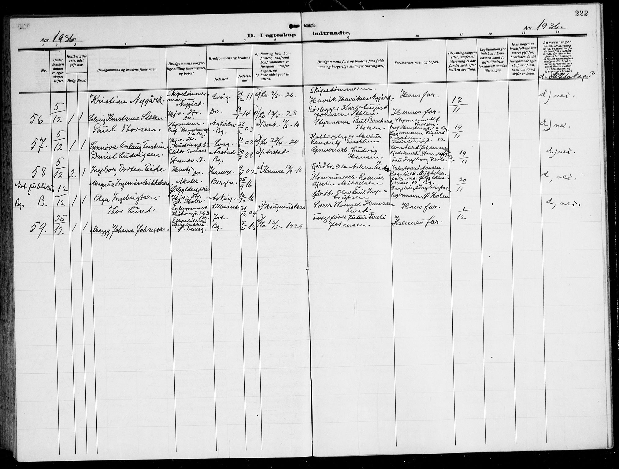 Laksevåg Sokneprestembete, AV/SAB-A-76501/H/Ha/Hab/Haba: Klokkerbok nr. A 10, 1925-1942, s. 222