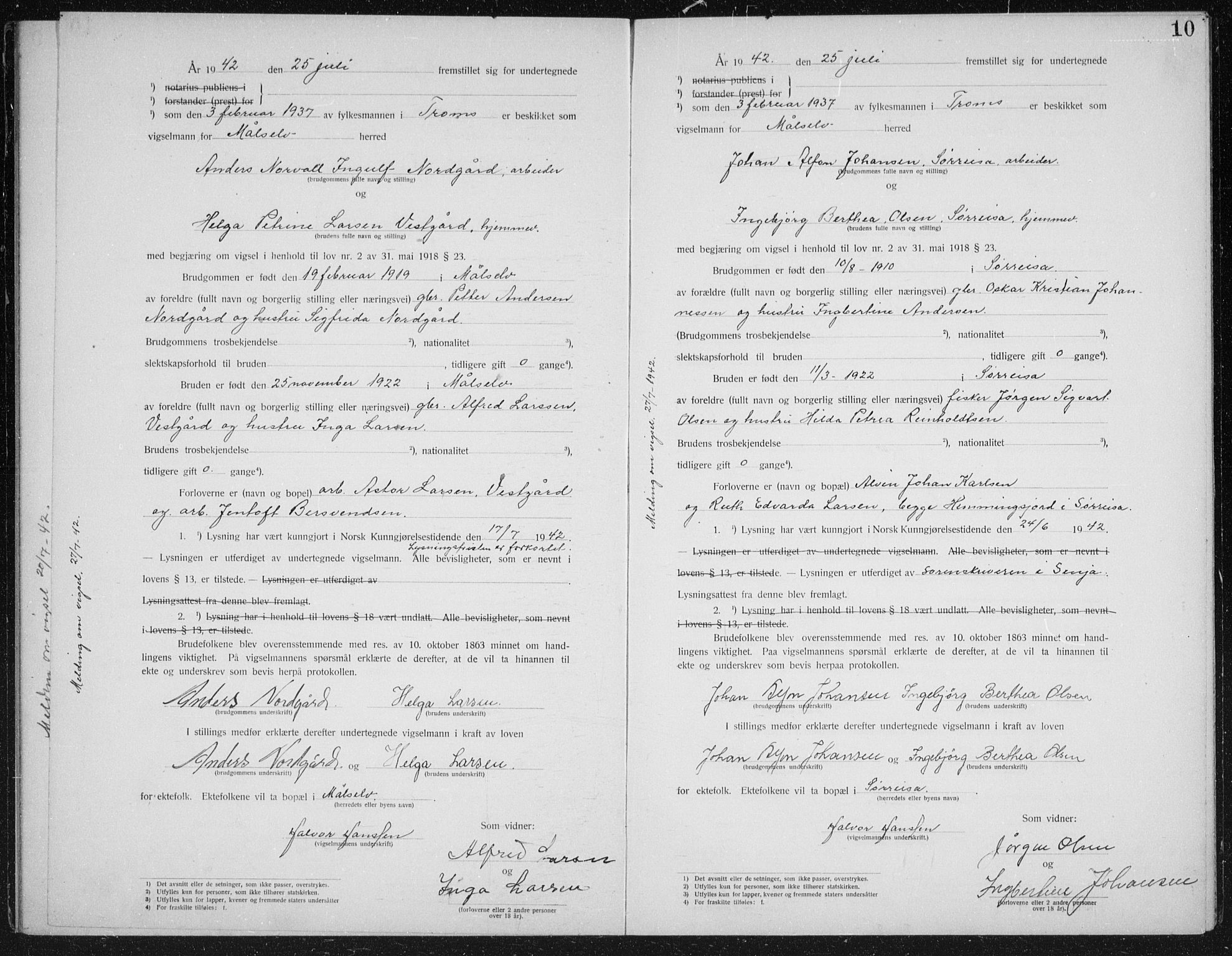 Målselv sokneprestembete, AV/SATØ-S-1311/I/Ie/L0046: Vigselsbok (dissentere) nr. 46, 1919-1942, s. 10