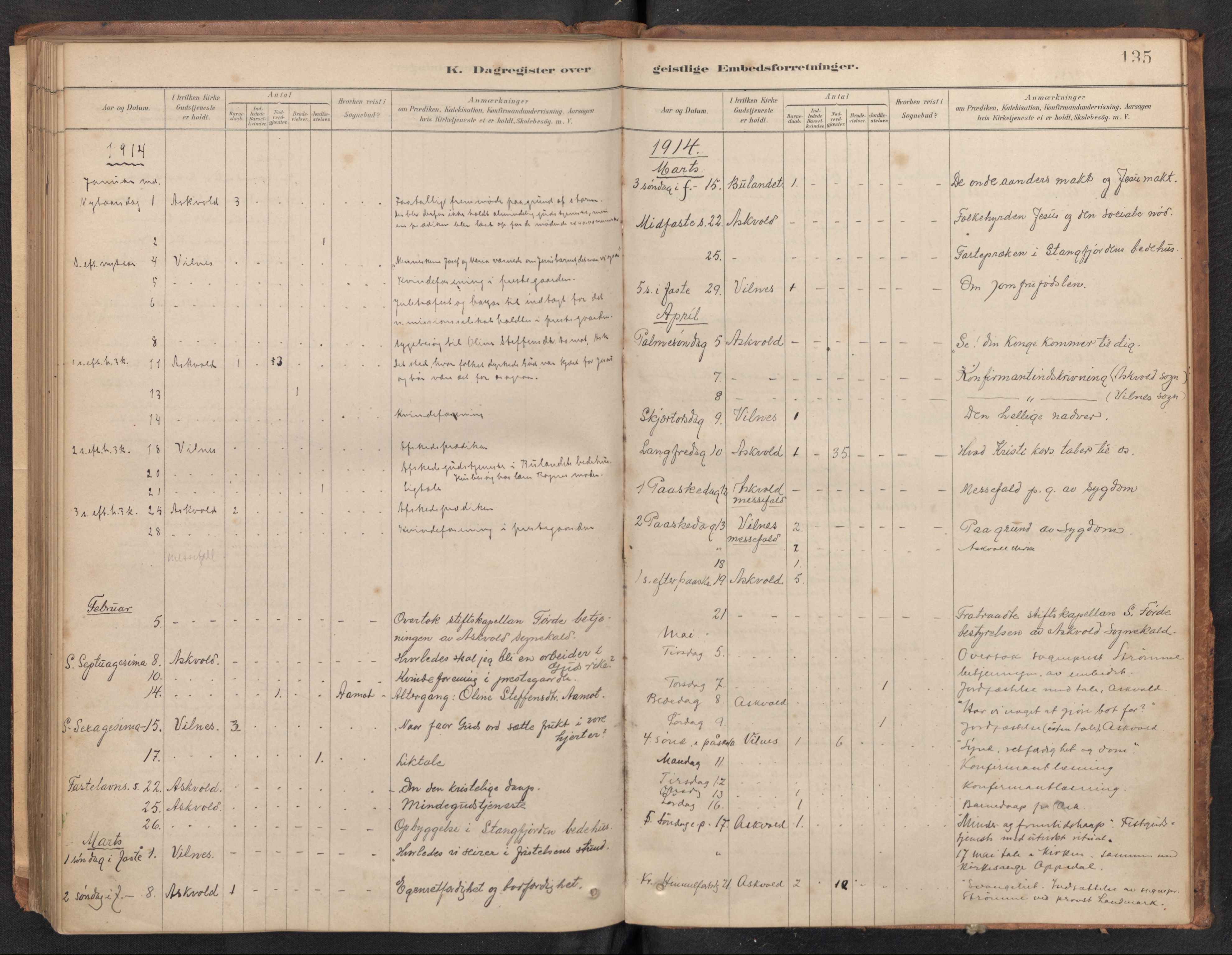 Askvoll sokneprestembete, AV/SAB-A-79501/H/Haa/Haad/L0002: Dagsregister nr. D 2, 1879-1916, s. 134b-135a