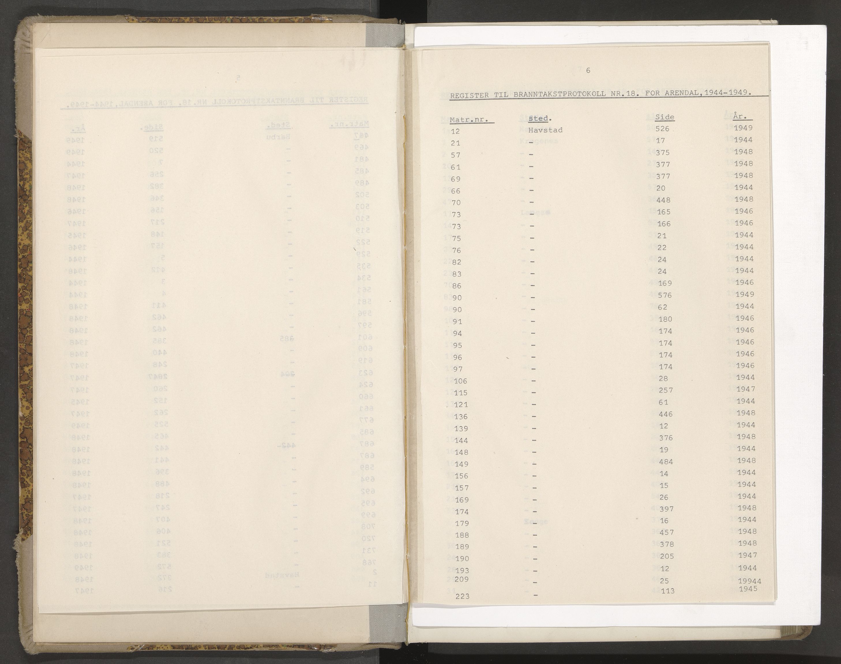 Norges Brannkasse Arendal, AV/SAK-2241-0002/F/Fa/L0035: Branntakstprotokoll nr. 33 med matrikkelnummerregister, 1944-1949