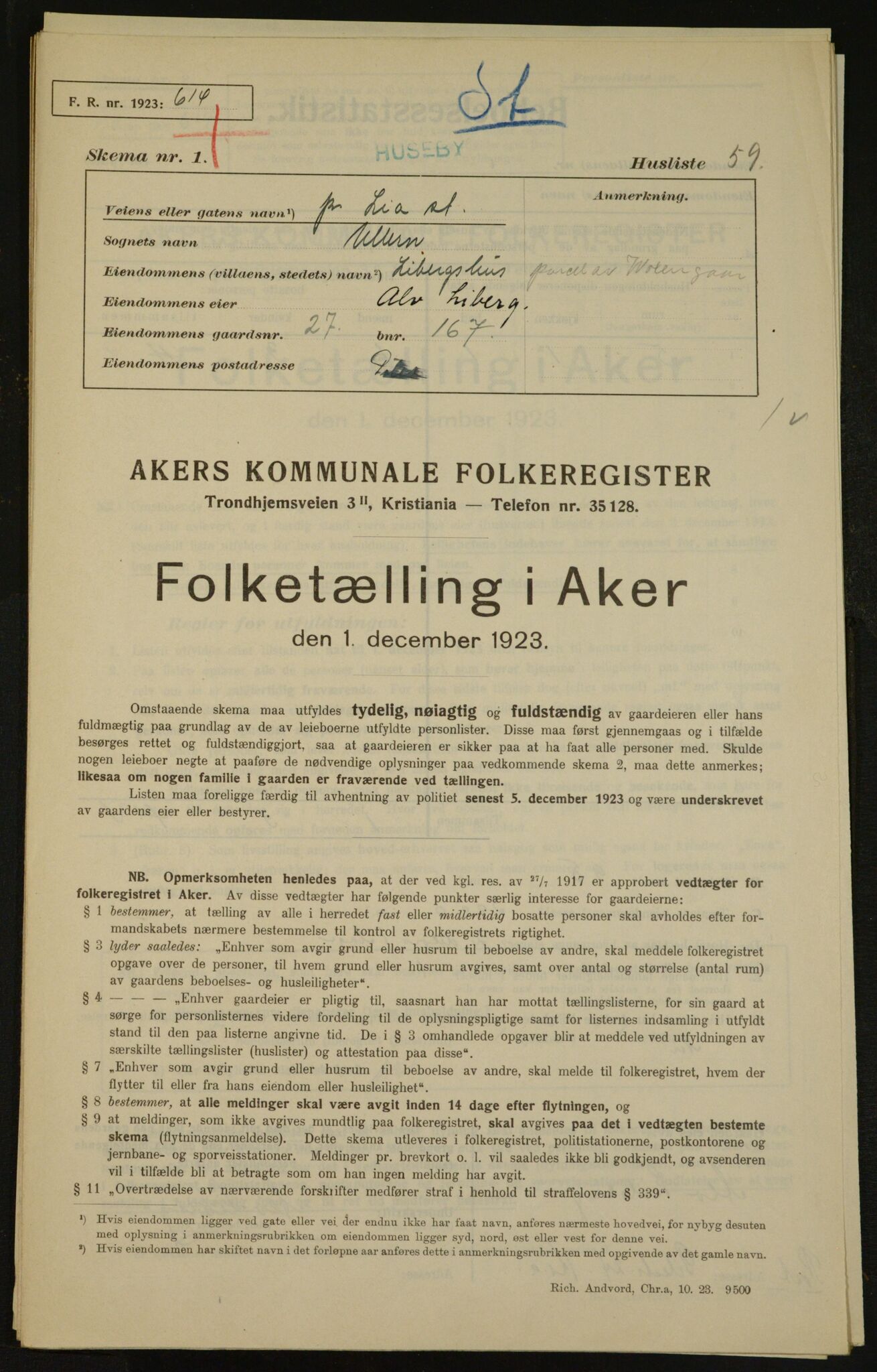 , Kommunal folketelling 1.12.1923 for Aker, 1923, s. 3570