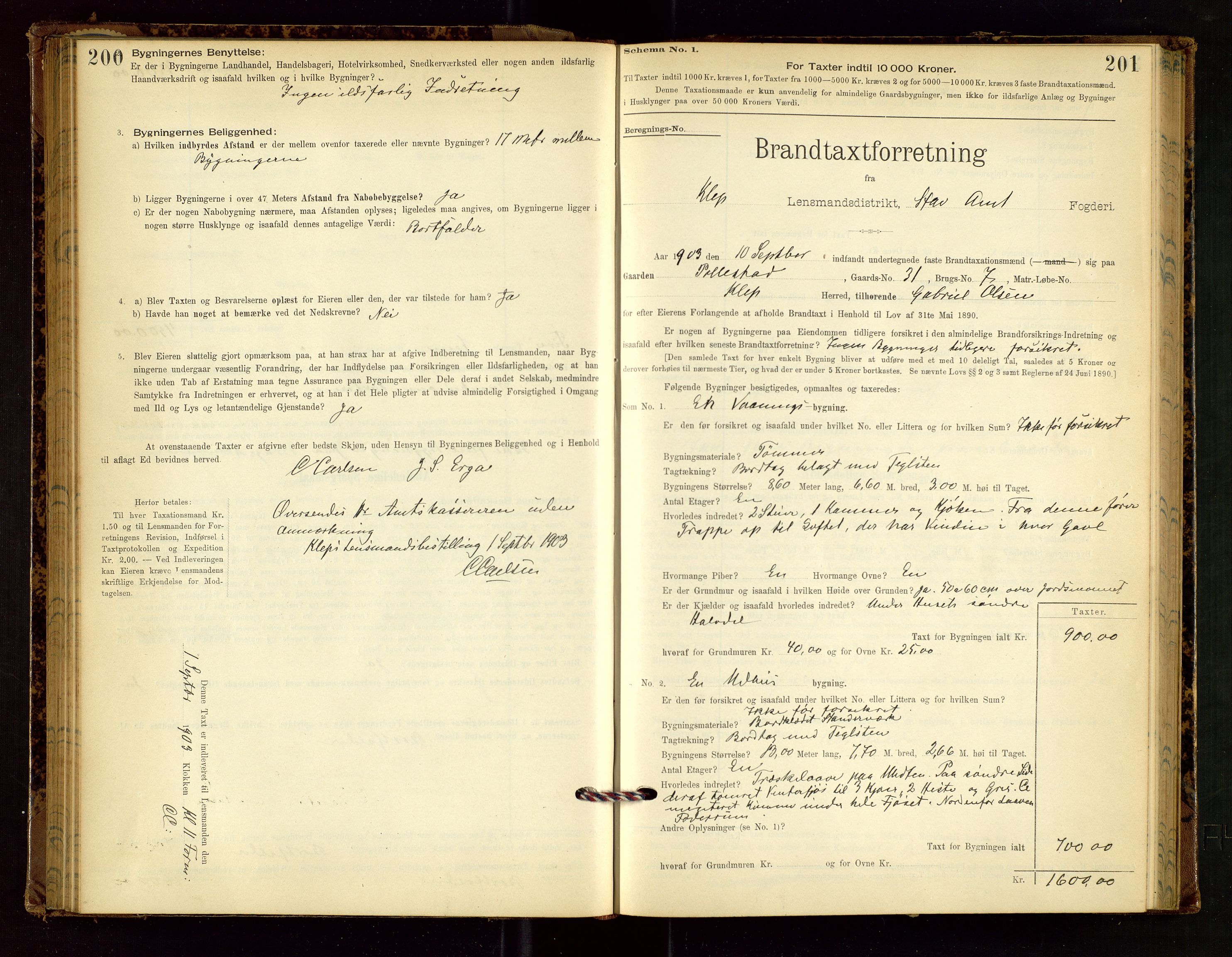 Klepp lensmannskontor, SAST/A-100163/Goc/L0002: "Brandtaxationsprotokol" m/register, 1898-1902, s. 200-201