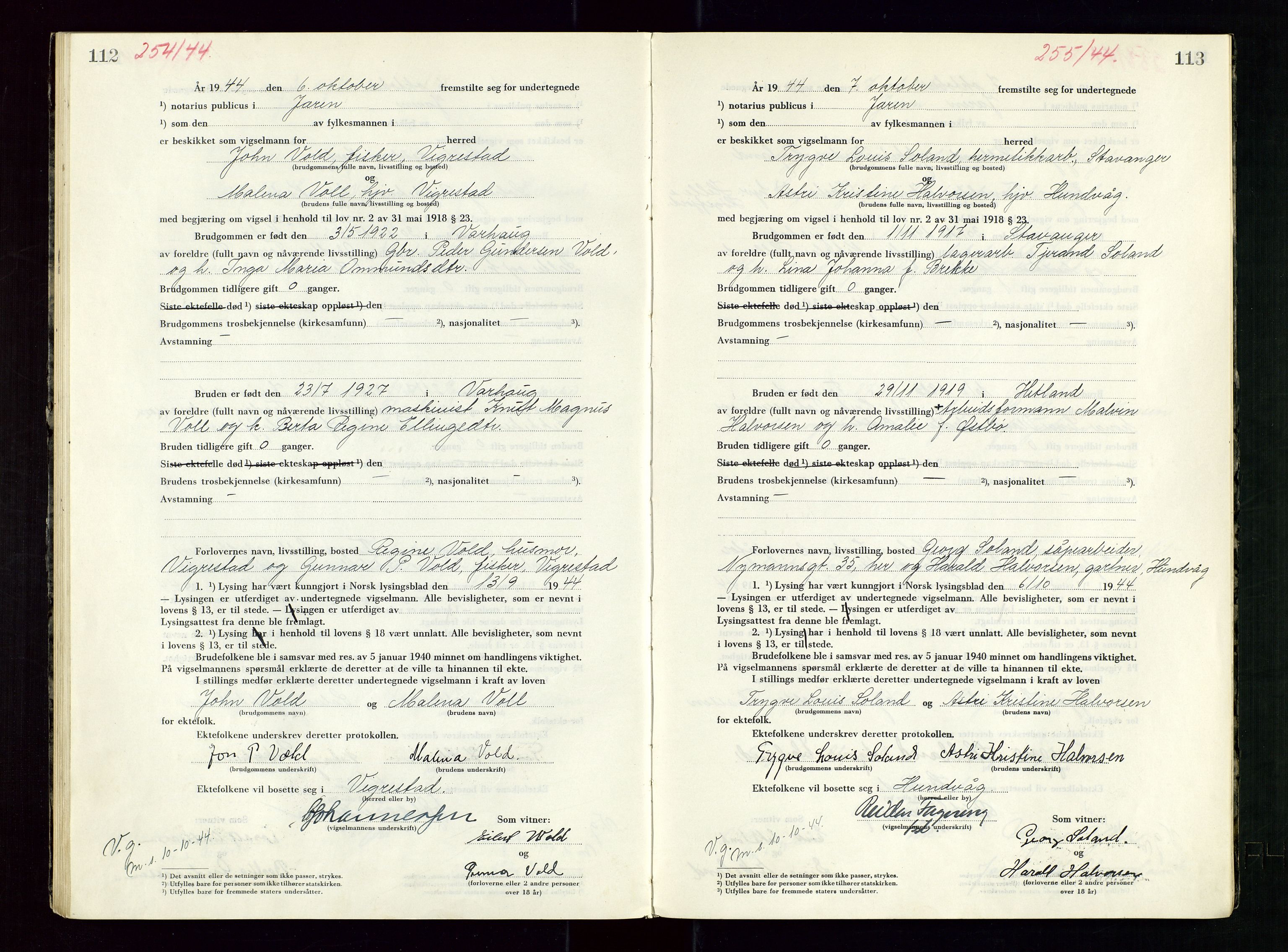 Jæren sorenskriveri, AV/SAST-A-100310/01/6/62/62BA/L0007: VIGSELSPROTOKOLL, 1944, s. 112-113