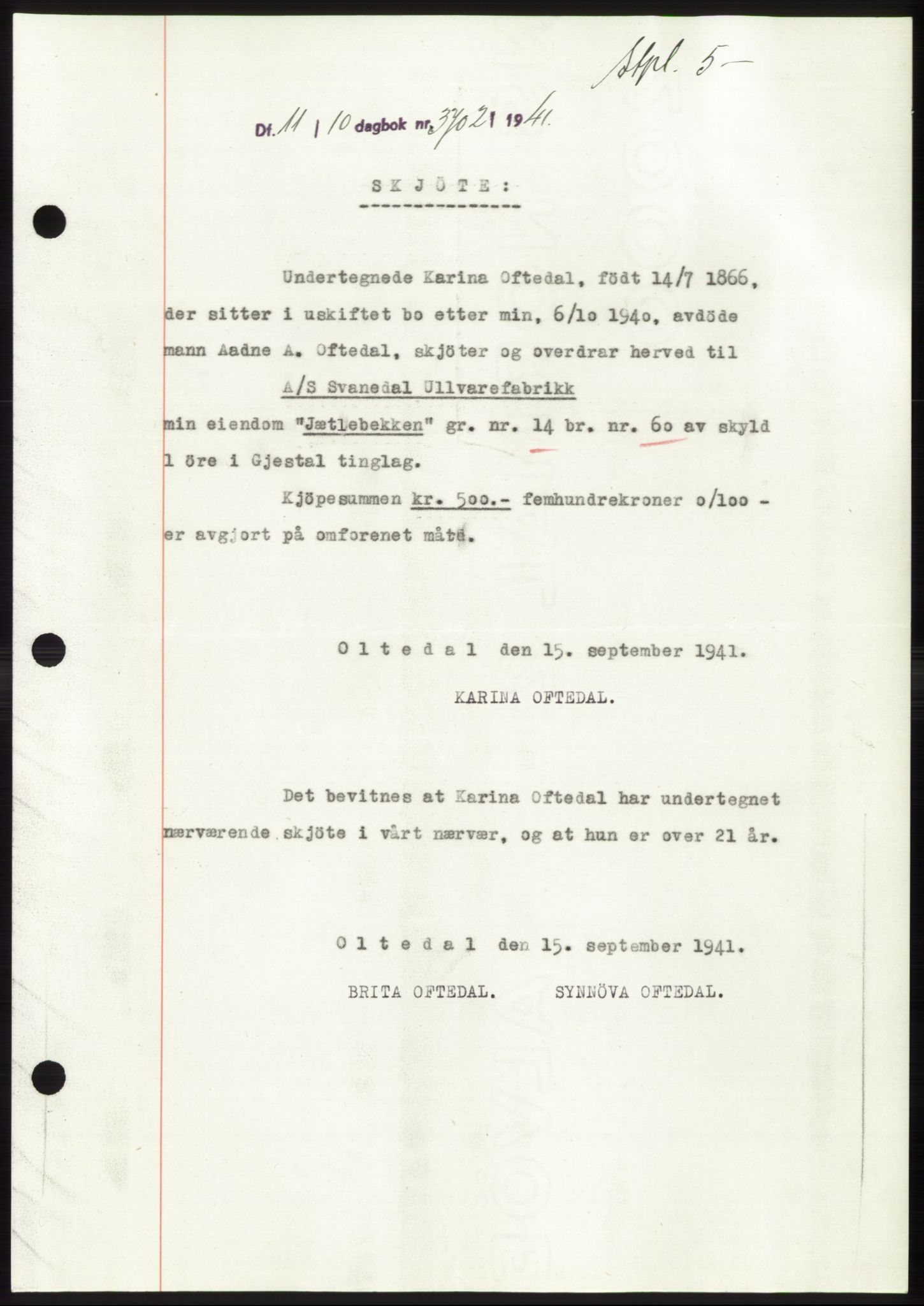Jæren sorenskriveri, SAST/A-100310/03/G/Gba/L0081: Pantebok, 1941-1941, Dagboknr: 3702/1941