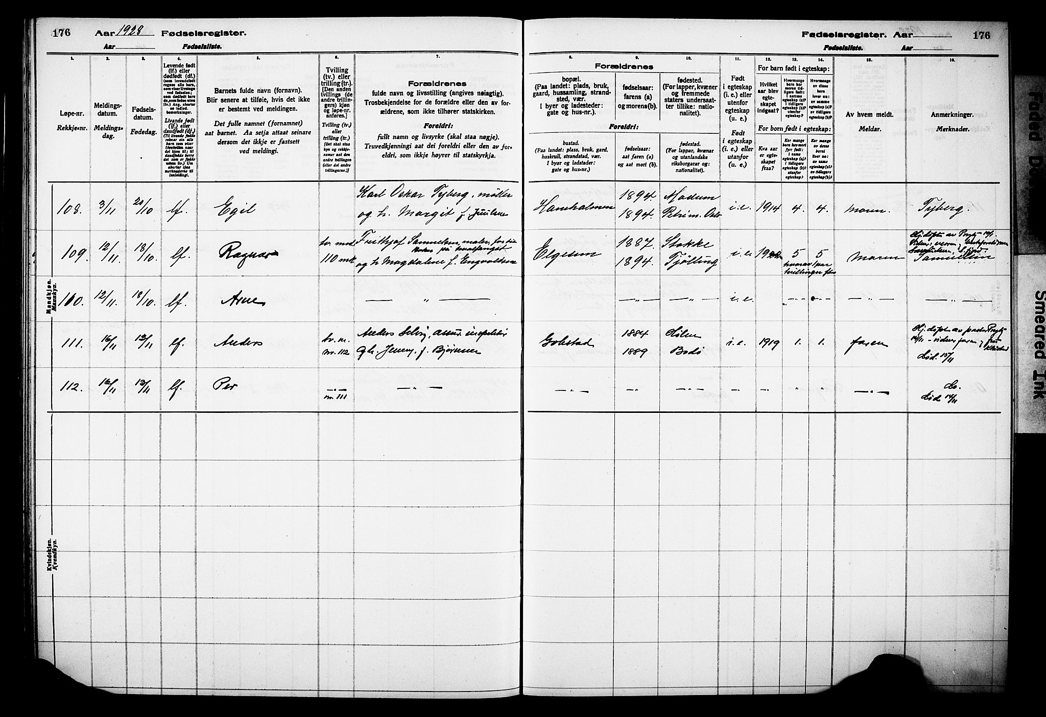 Sandar kirkebøker, AV/SAKO-A-243/J/Ja/L0002: Fødselsregister nr. 2, 1922-1929, s. 176