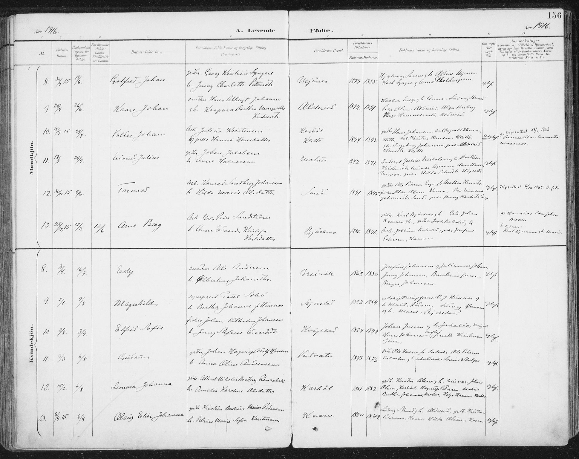 Ministerialprotokoller, klokkerbøker og fødselsregistre - Nordland, SAT/A-1459/852/L0741: Ministerialbok nr. 852A11, 1894-1917, s. 156