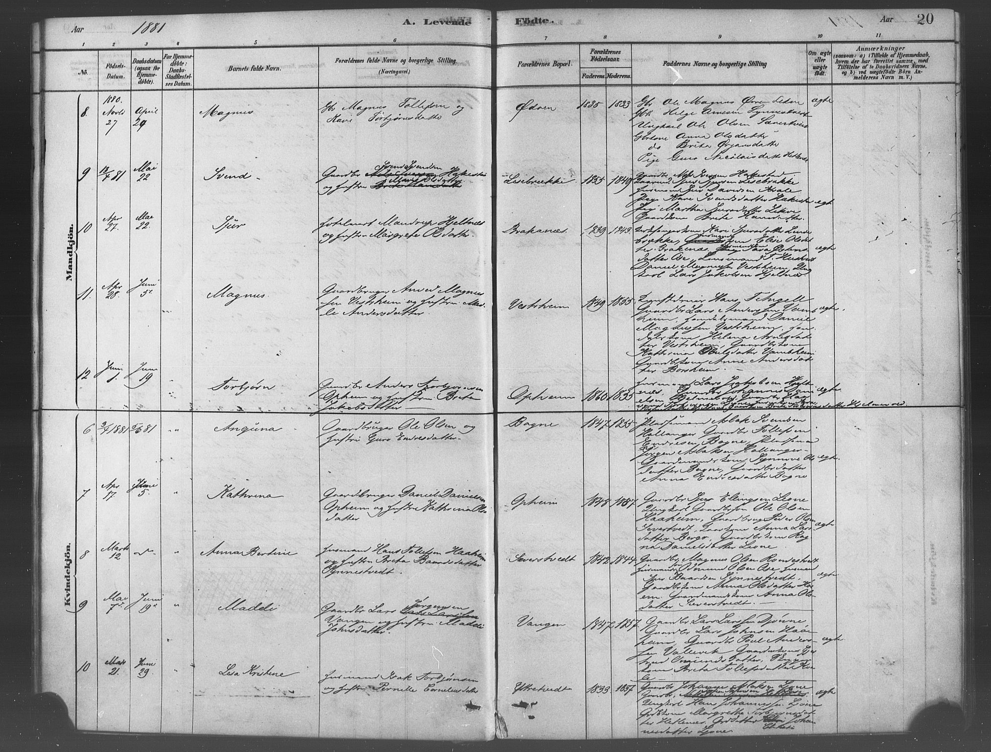 Ulvik sokneprestembete, AV/SAB-A-78801/H/Haa: Ministerialbok nr. B 1, 1878-1897, s. 20