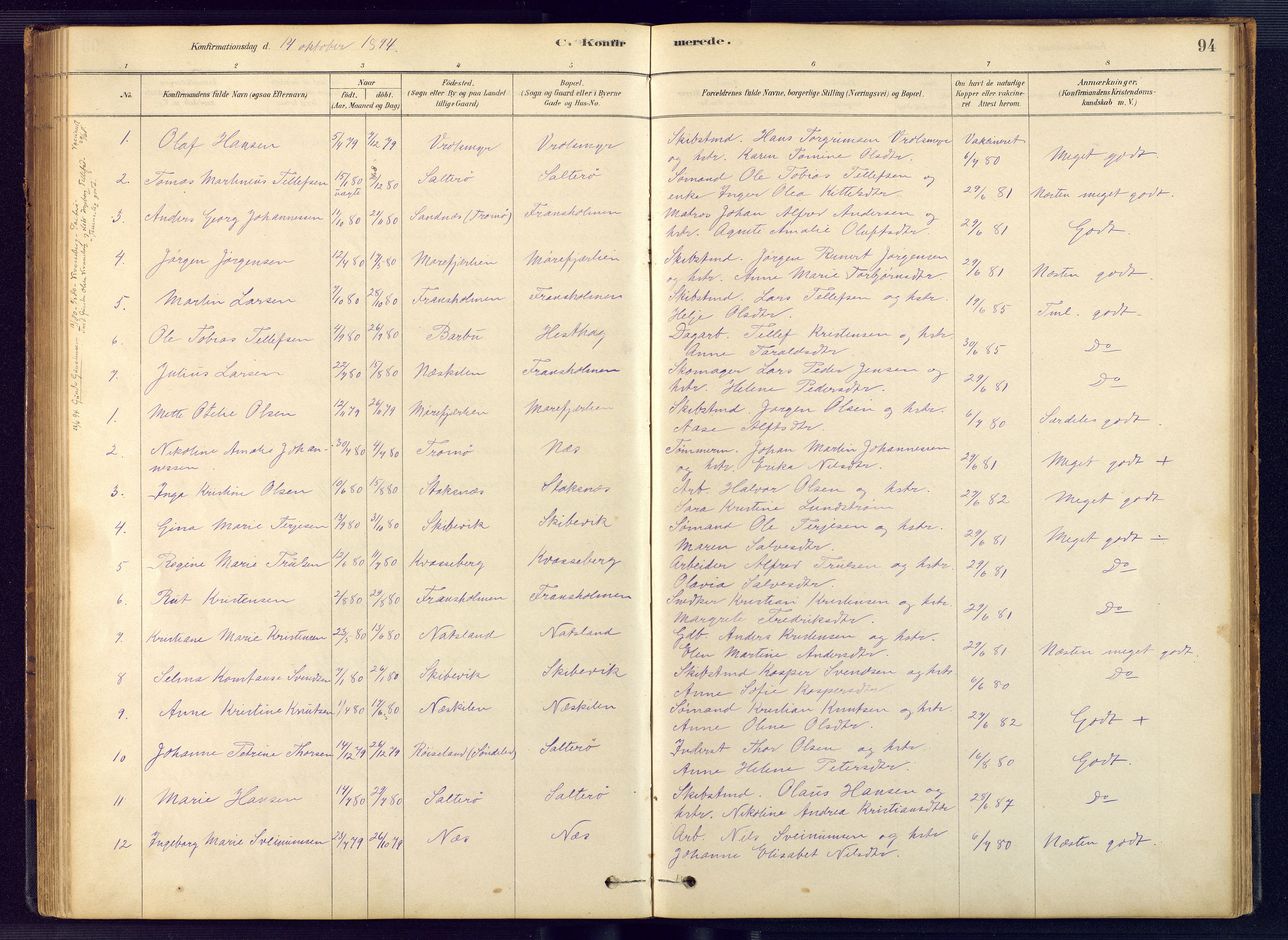 Austre Moland sokneprestkontor, SAK/1111-0001/F/Fb/Fbb/L0001: Klokkerbok nr. B 1, 1878-1904, s. 94
