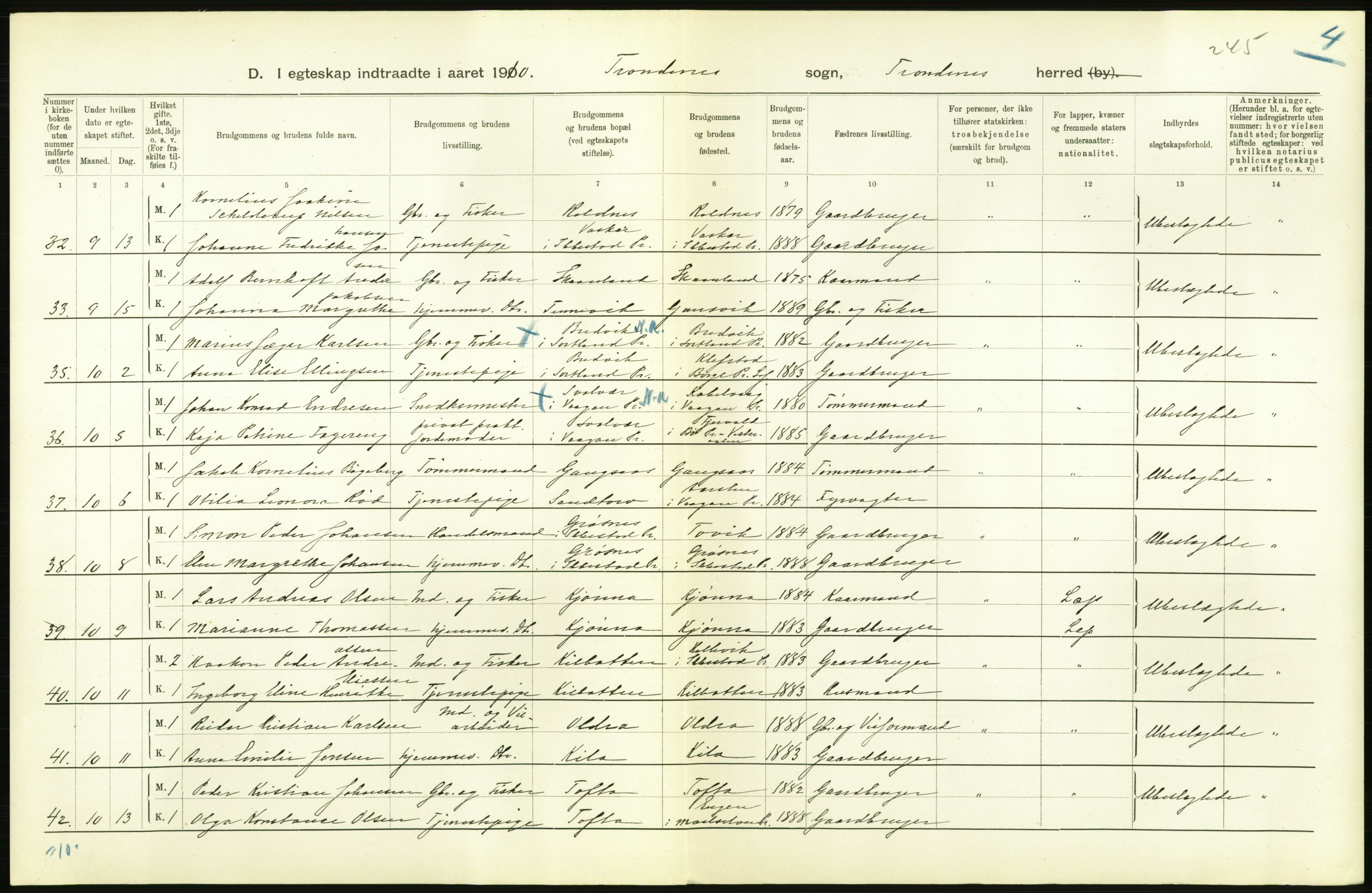 Statistisk sentralbyrå, Sosiodemografiske emner, Befolkning, AV/RA-S-2228/D/Df/Dfa/Dfah/L0044: Tromsø amt: Gifte, døde, dødfødte. Bygder og byer., 1910, s. 84