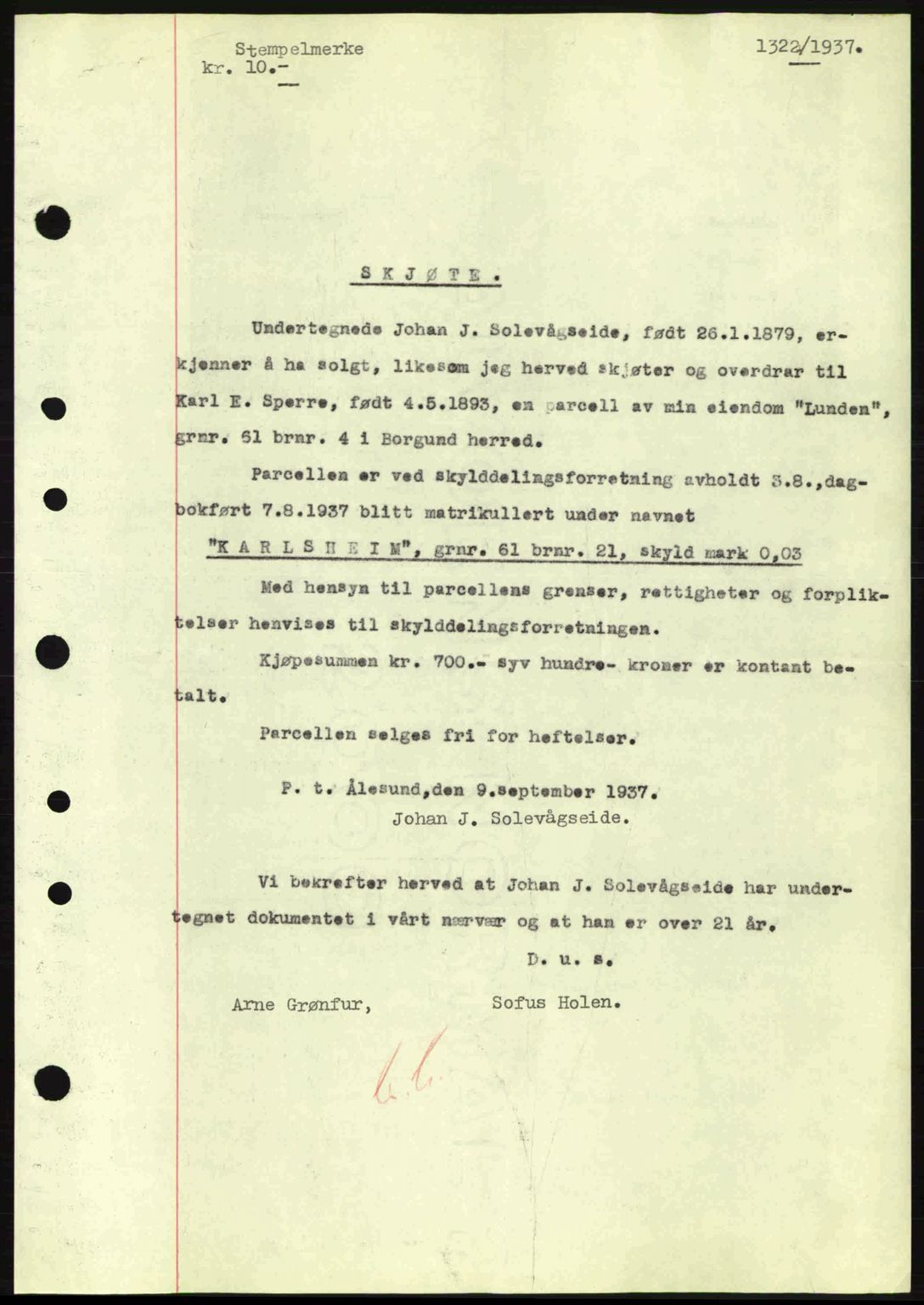 Nordre Sunnmøre sorenskriveri, SAT/A-0006/1/2/2C/2Ca: Pantebok nr. A3, 1937-1937, Dagboknr: 1322/1937