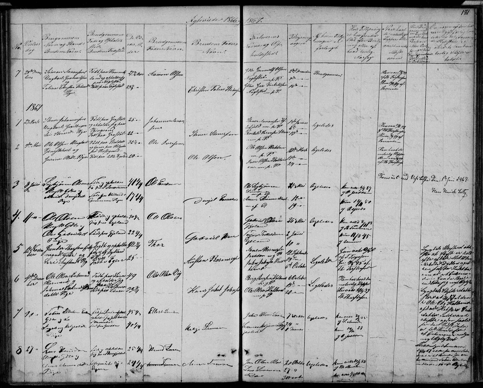 Hægebostad sokneprestkontor, SAK/1111-0024/F/Fb/Fba/L0002: Klokkerbok nr. B 2, 1851-1882, s. 181