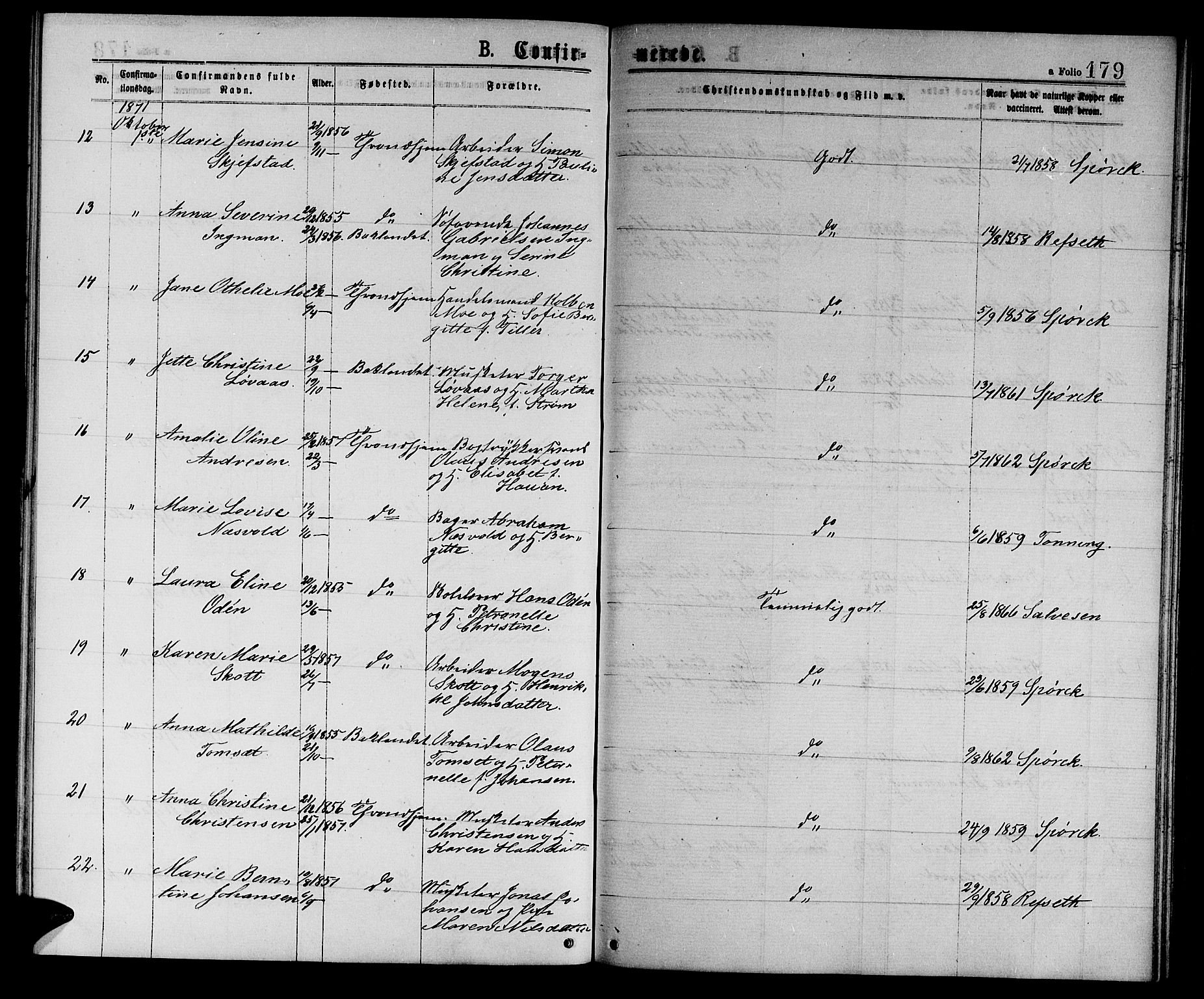Ministerialprotokoller, klokkerbøker og fødselsregistre - Sør-Trøndelag, AV/SAT-A-1456/601/L0088: Klokkerbok nr. 601C06, 1870-1878, s. 179