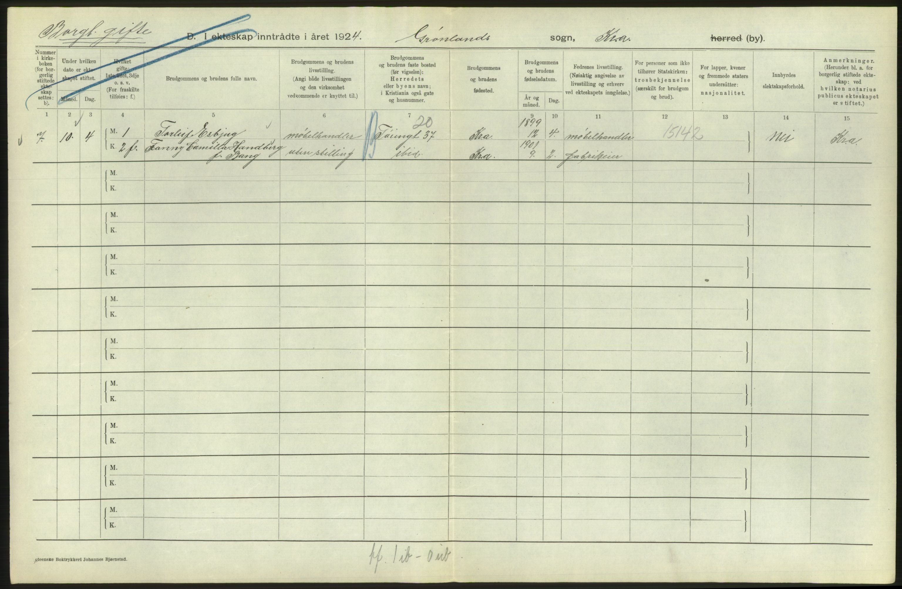 Statistisk sentralbyrå, Sosiodemografiske emner, Befolkning, AV/RA-S-2228/D/Df/Dfc/Dfcd/L0007: Kristiania: Gifte, 1924, s. 478