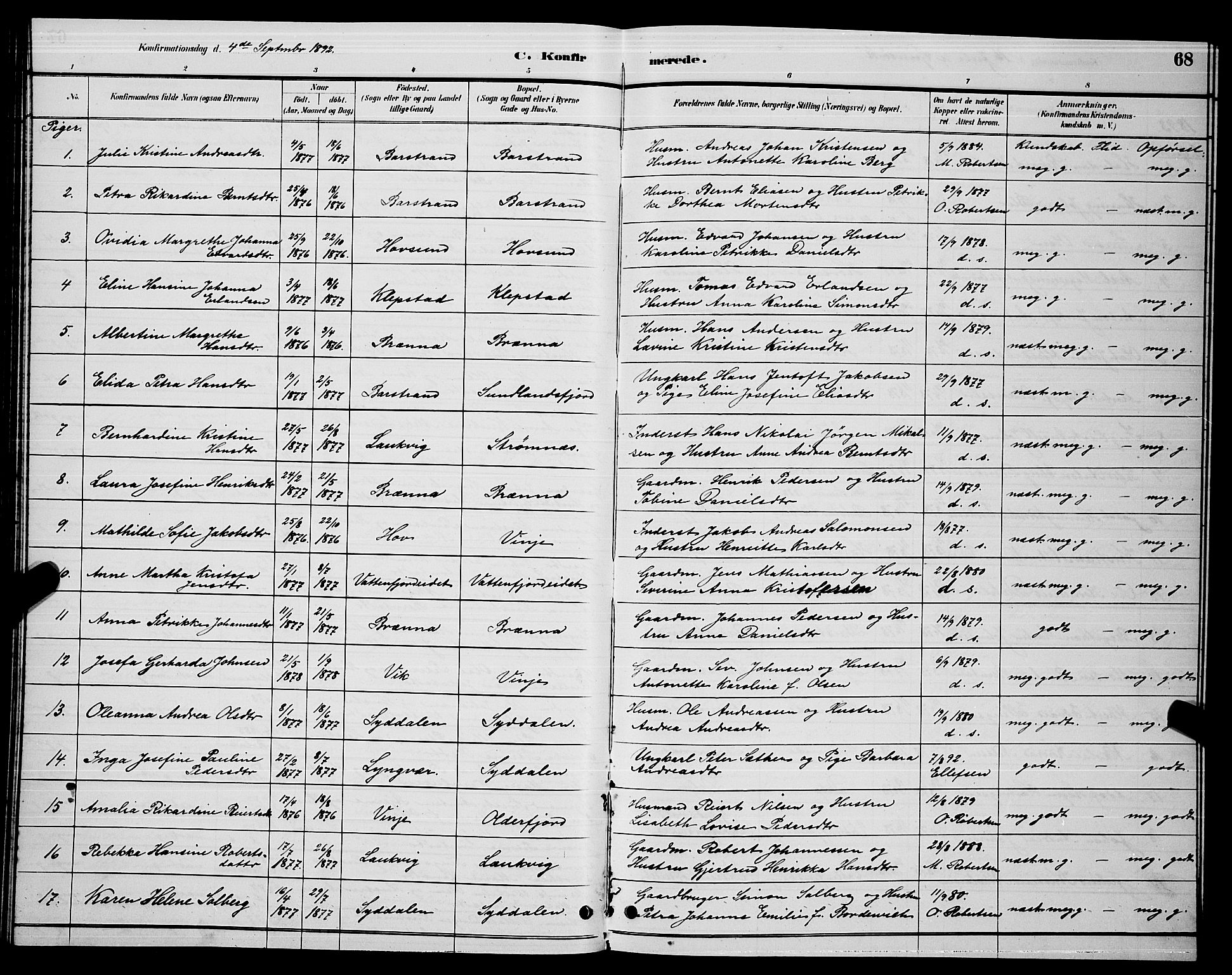 Ministerialprotokoller, klokkerbøker og fødselsregistre - Nordland, AV/SAT-A-1459/876/L1104: Klokkerbok nr. 876C03, 1886-1896, s. 68