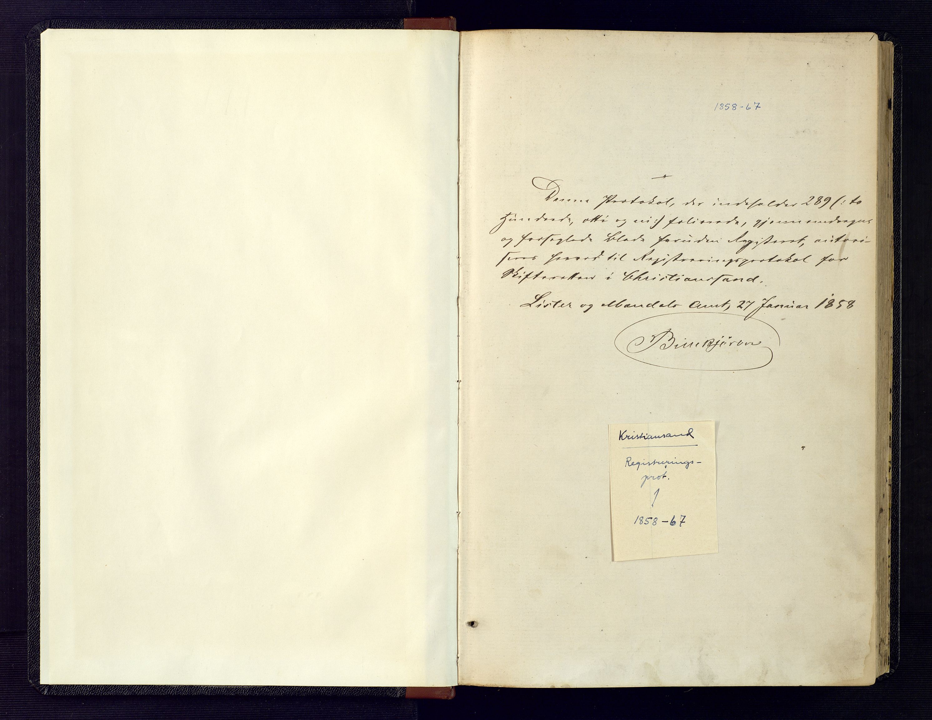 Kristiansand byrett, AV/SAK-1223-0001/H/Hc/L0029: Skifteregistreringsprotokoll nr. 1, med register, 1858-1867, s. 1