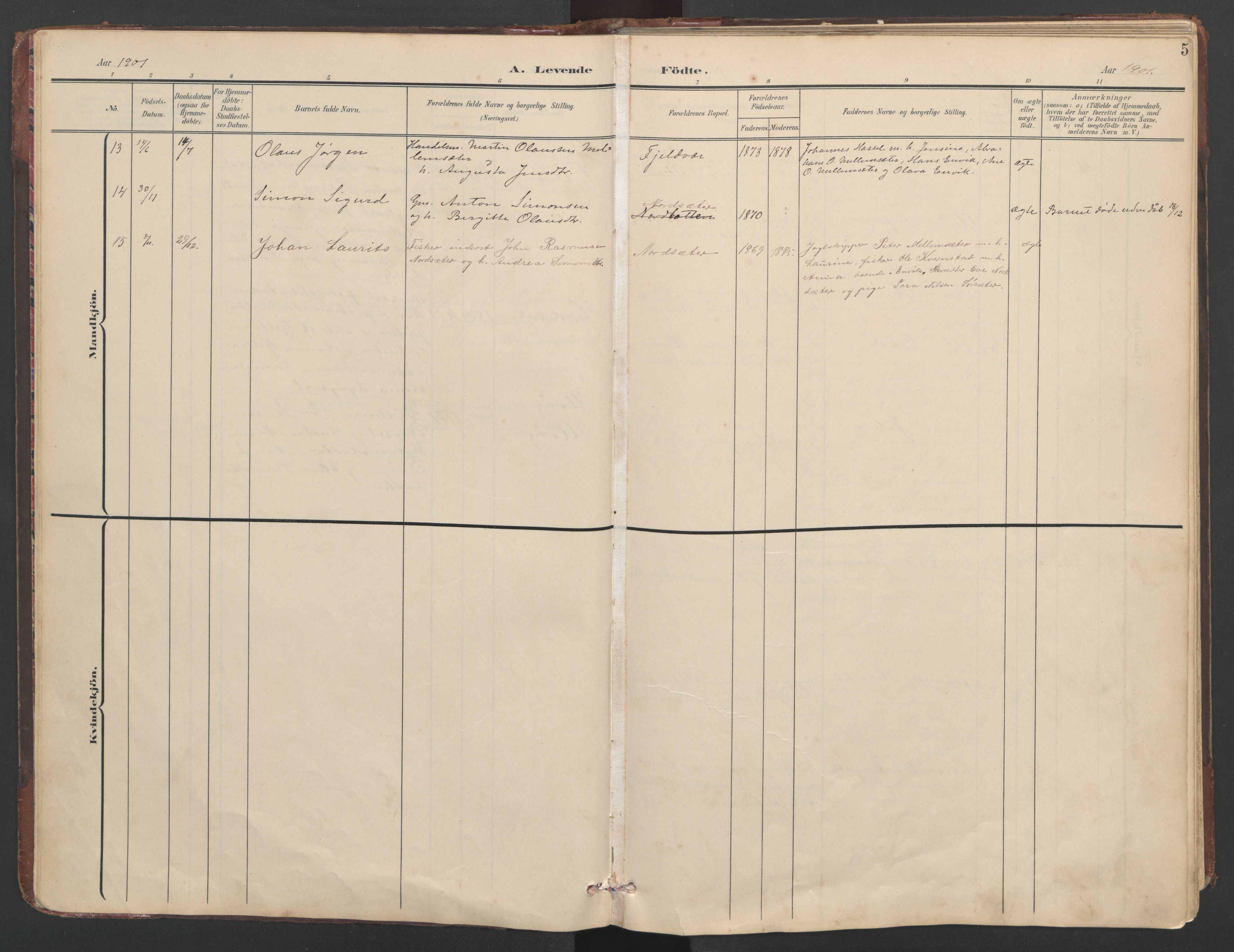 Ministerialprotokoller, klokkerbøker og fødselsregistre - Sør-Trøndelag, SAT/A-1456/638/L0571: Klokkerbok nr. 638C03, 1901-1930, s. 5