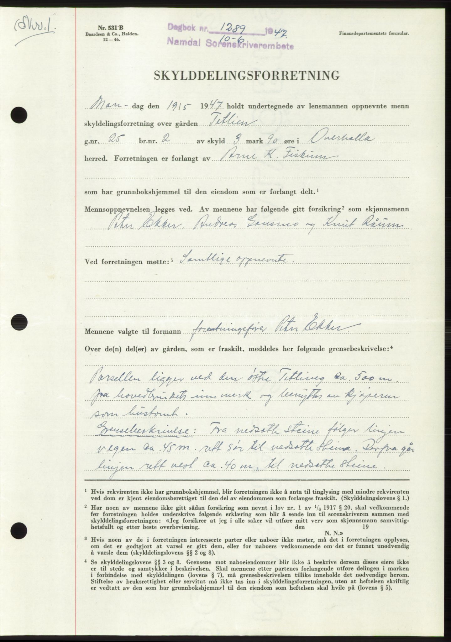 Namdal sorenskriveri, SAT/A-4133/1/2/2C: Pantebok nr. -, 1947-1947, Dagboknr: 1289/1947