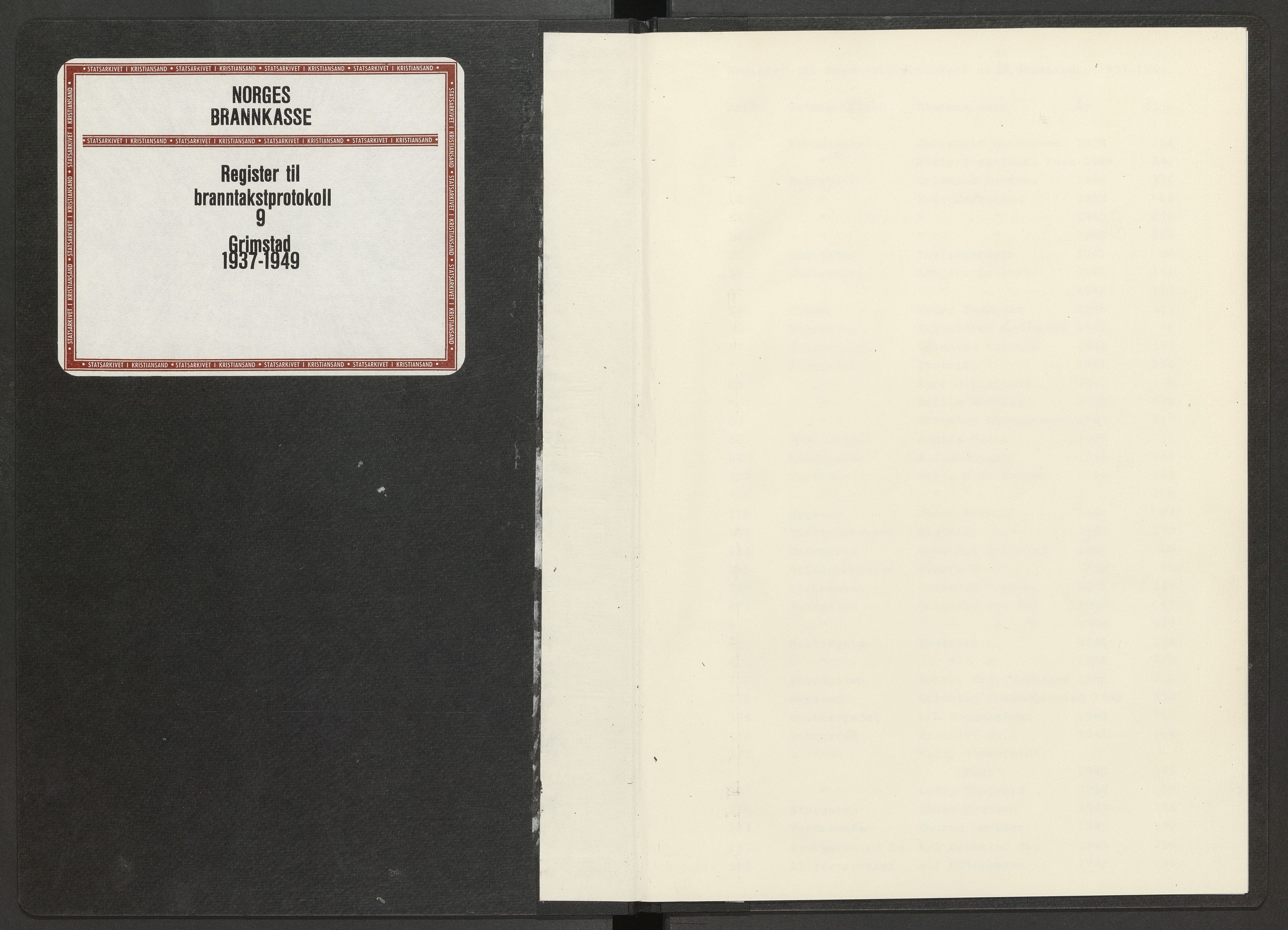 Norges Brannkasse Grimstad, AV/SAK-2241-0018/F/Fa/L0015: Løst register over brannforsikringsnummer og gatenavn til branntakstprotokoll nr. 10, 1937-1949